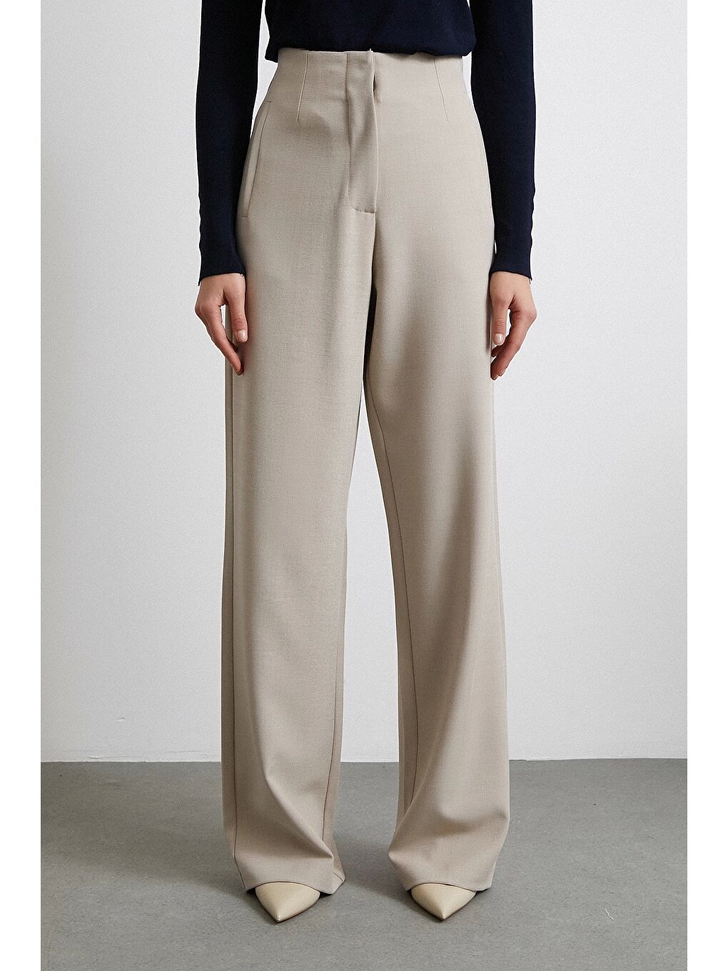 Bej Yüksek Bel Geniş Paça Pantolon Vizon-4