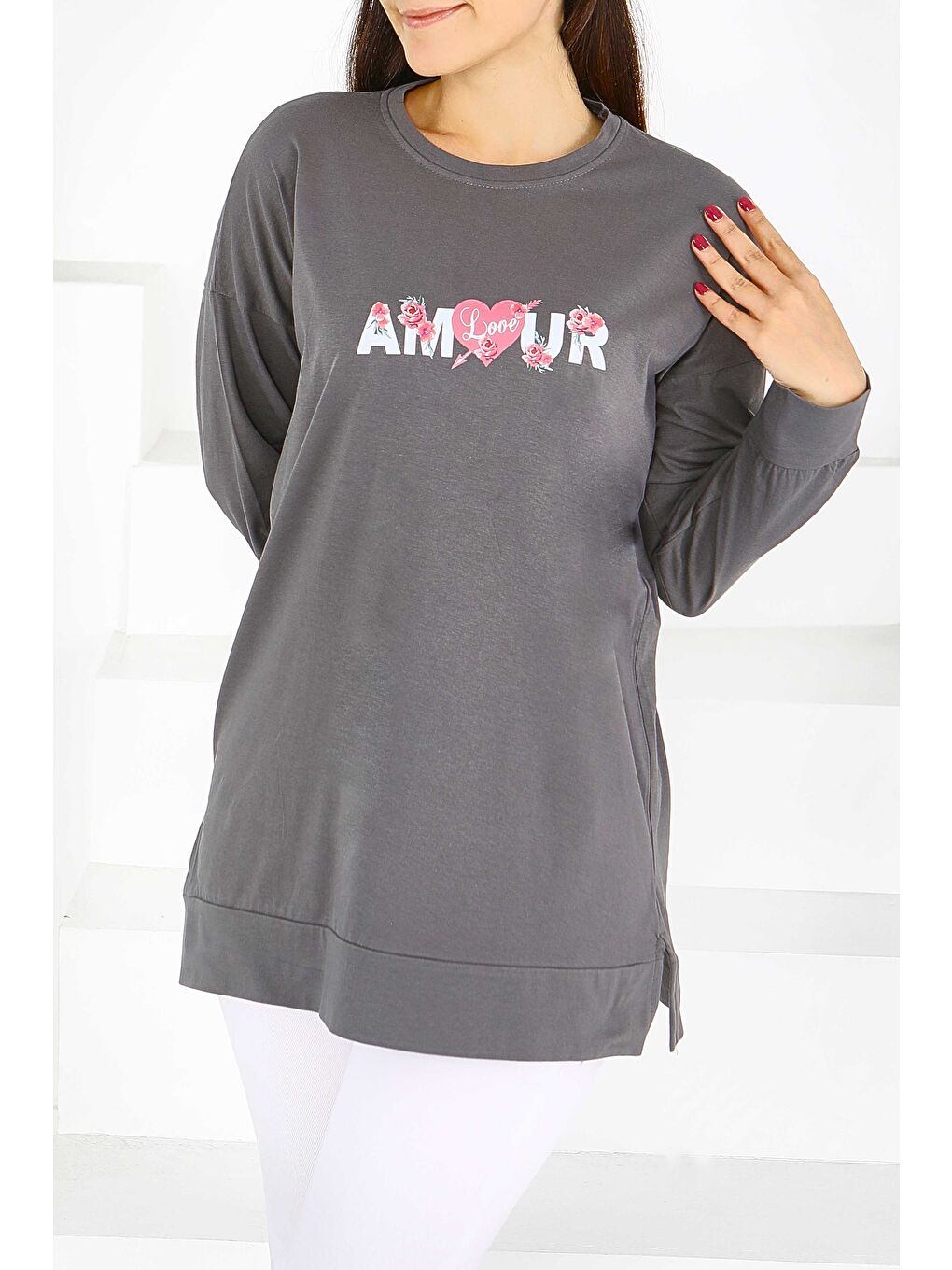 Uzun Kollu Baskılı Süprem Tunik Antrasit - 27584-2