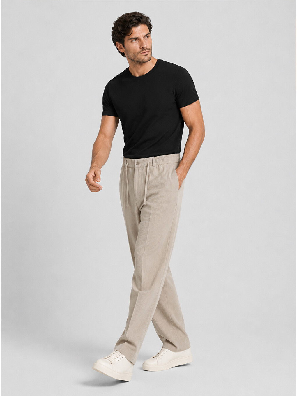 Bej Erkek Vizon Relax Fit Bağcıklı Baggy Pantolon-6