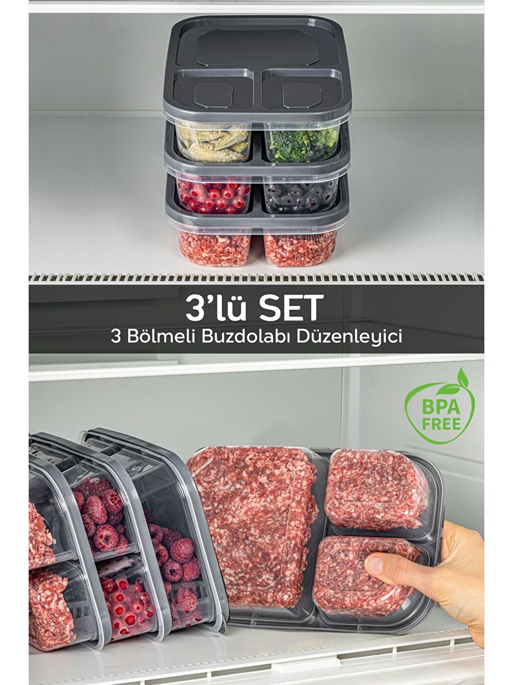 Gri 3'lü Set 3Bölmeli Kapaklı Derin Dondurucu Düzenleme Organizeri Dikdörtgen Buzdolabı Saklama kutusu
