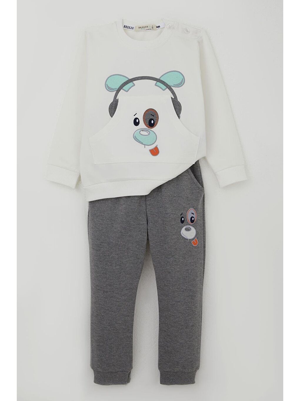 Erkek Bebek Eşofman Takımı Kulaklıklı Köpekçik Nakışlı Beyaz (9 Ay-3 Yaş)