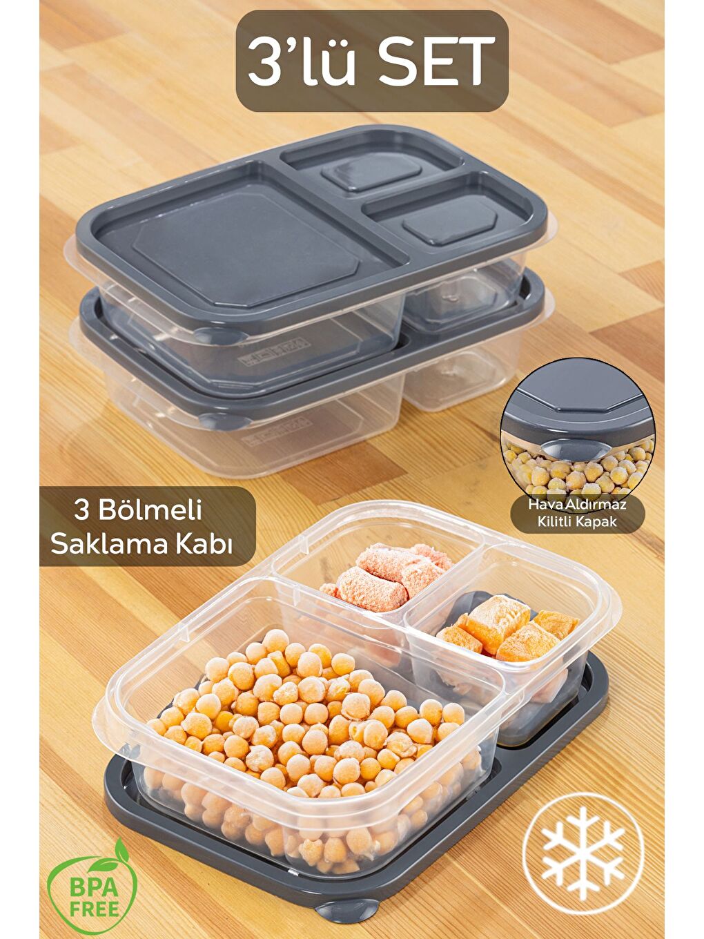 Gri 3'lü Set 3Bölmeli Kapaklı Derin Dondurucu Düzenleme Organizeri Dikdörtgen Buzdolabı Saklama kutusu-1