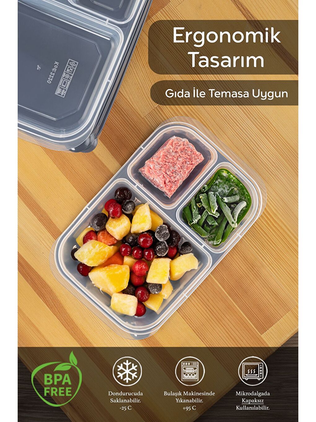 Gri 3'lü Set 3Bölmeli Kapaklı Derin Dondurucu Düzenleme Organizeri Dikdörtgen Buzdolabı Saklama kutusu-2