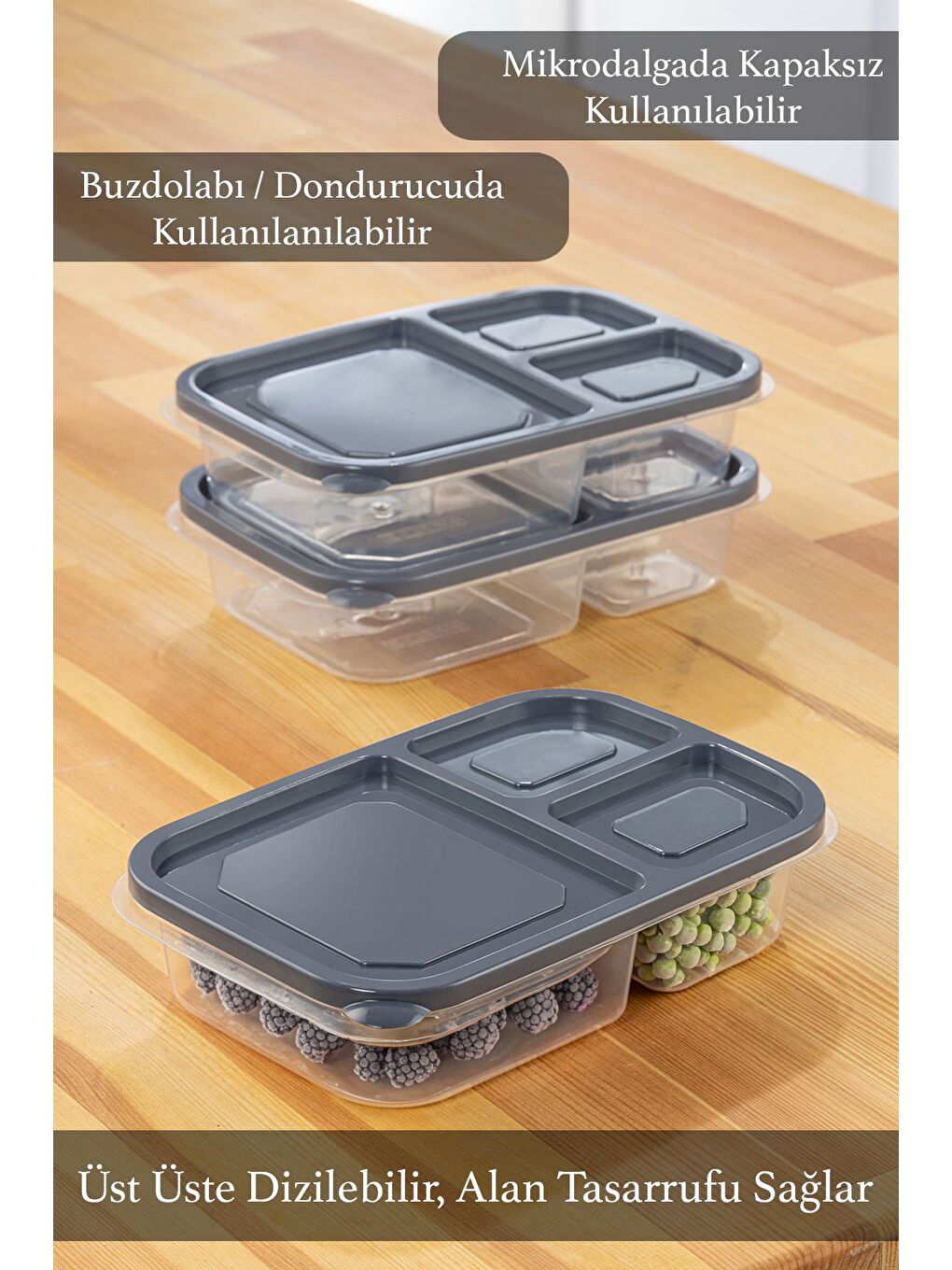 Gri 3'lü Set 3Bölmeli Kapaklı Derin Dondurucu Düzenleme Organizeri Dikdörtgen Buzdolabı Saklama kutusu-3