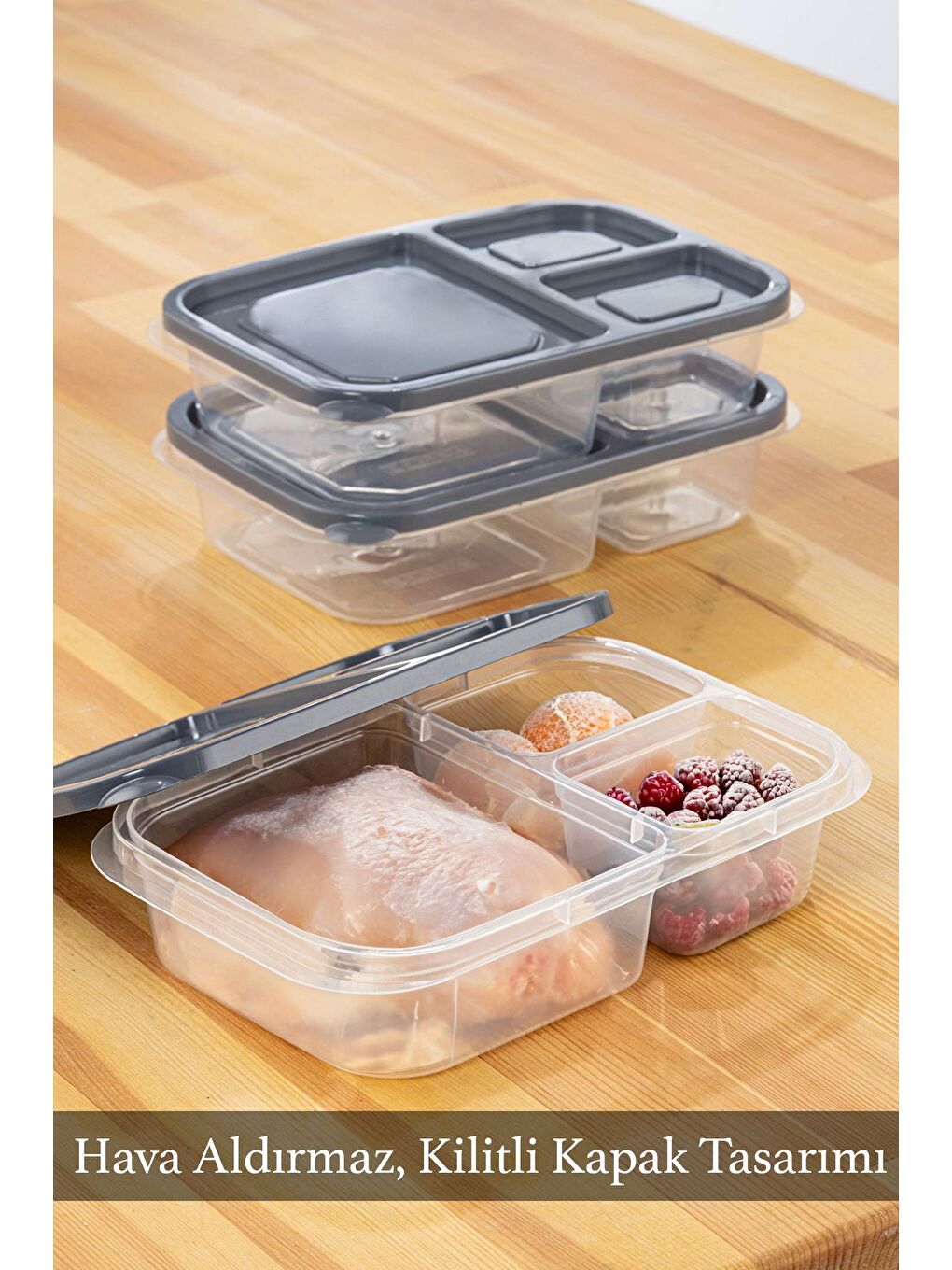 Gri 3'lü Set 3Bölmeli Kapaklı Derin Dondurucu Düzenleme Organizeri Dikdörtgen Buzdolabı Saklama kutusu-4