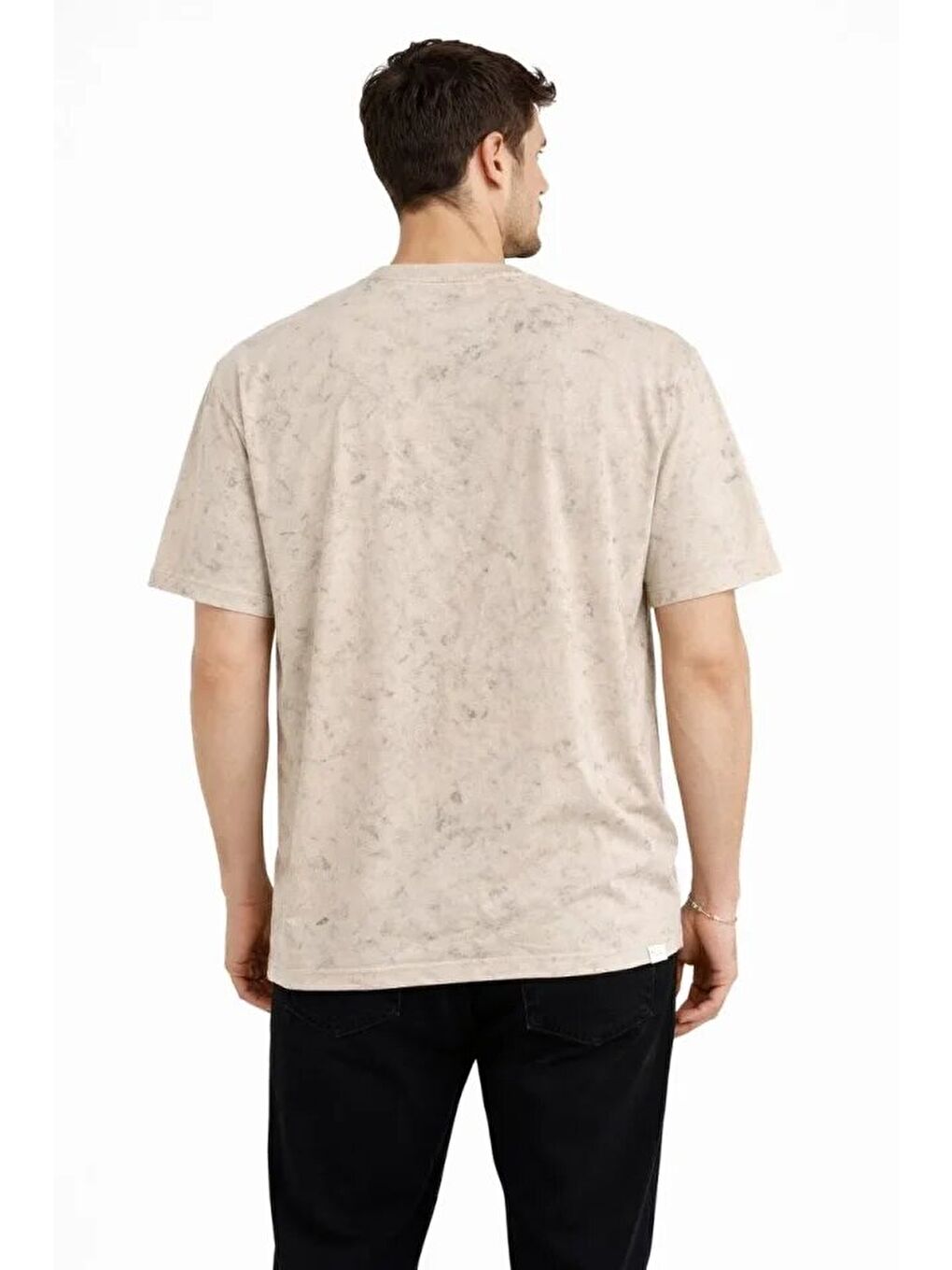 Erkek Asit Yıkama Bisiklet Yaka Kısa Kollu Oversize T-Shirt Tişört - Bej-1