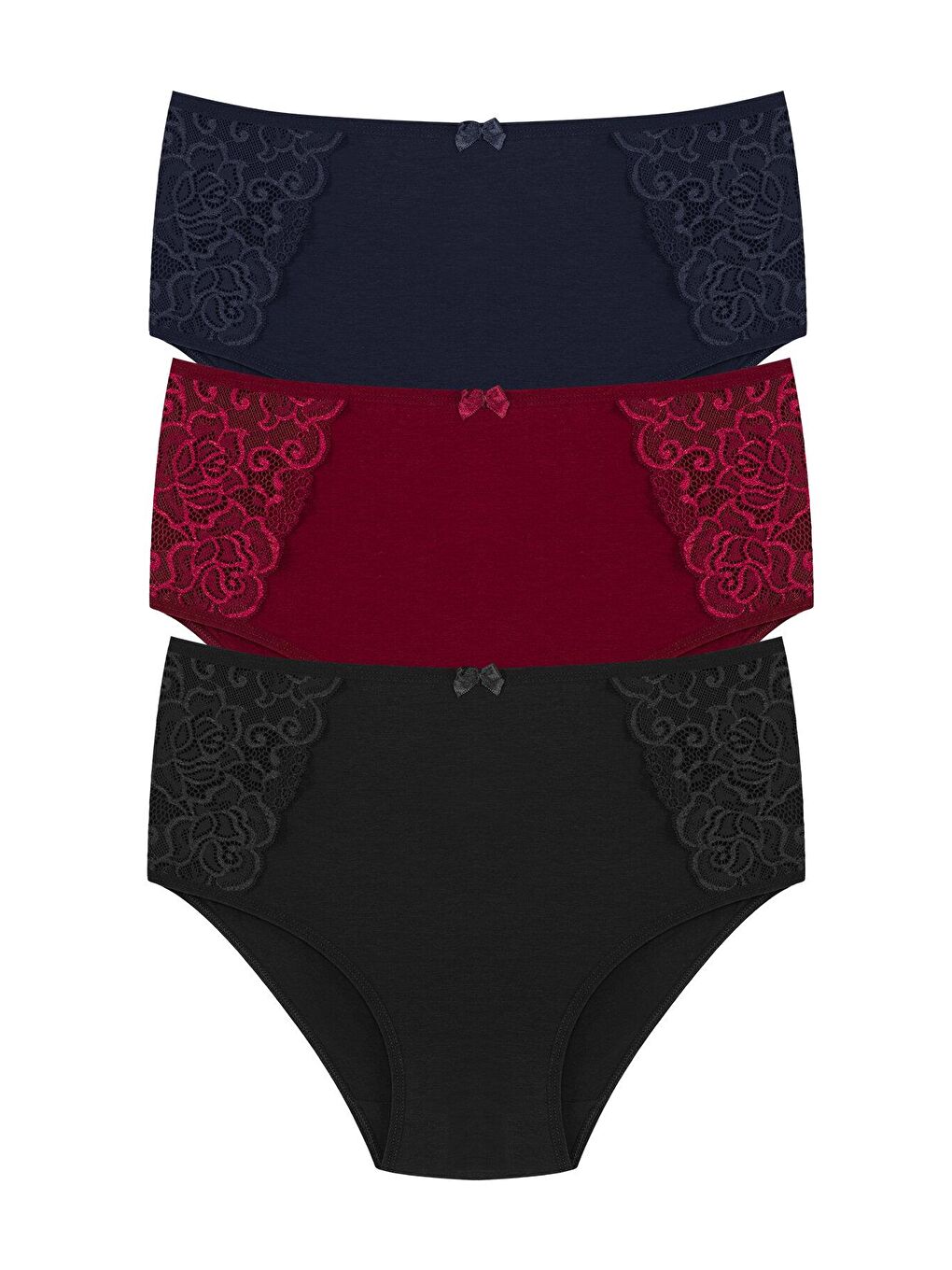 Lacivert Pamuklu Yanları Dantel Yüksek Bel Büyük Beden Kadın Külot 3'lü