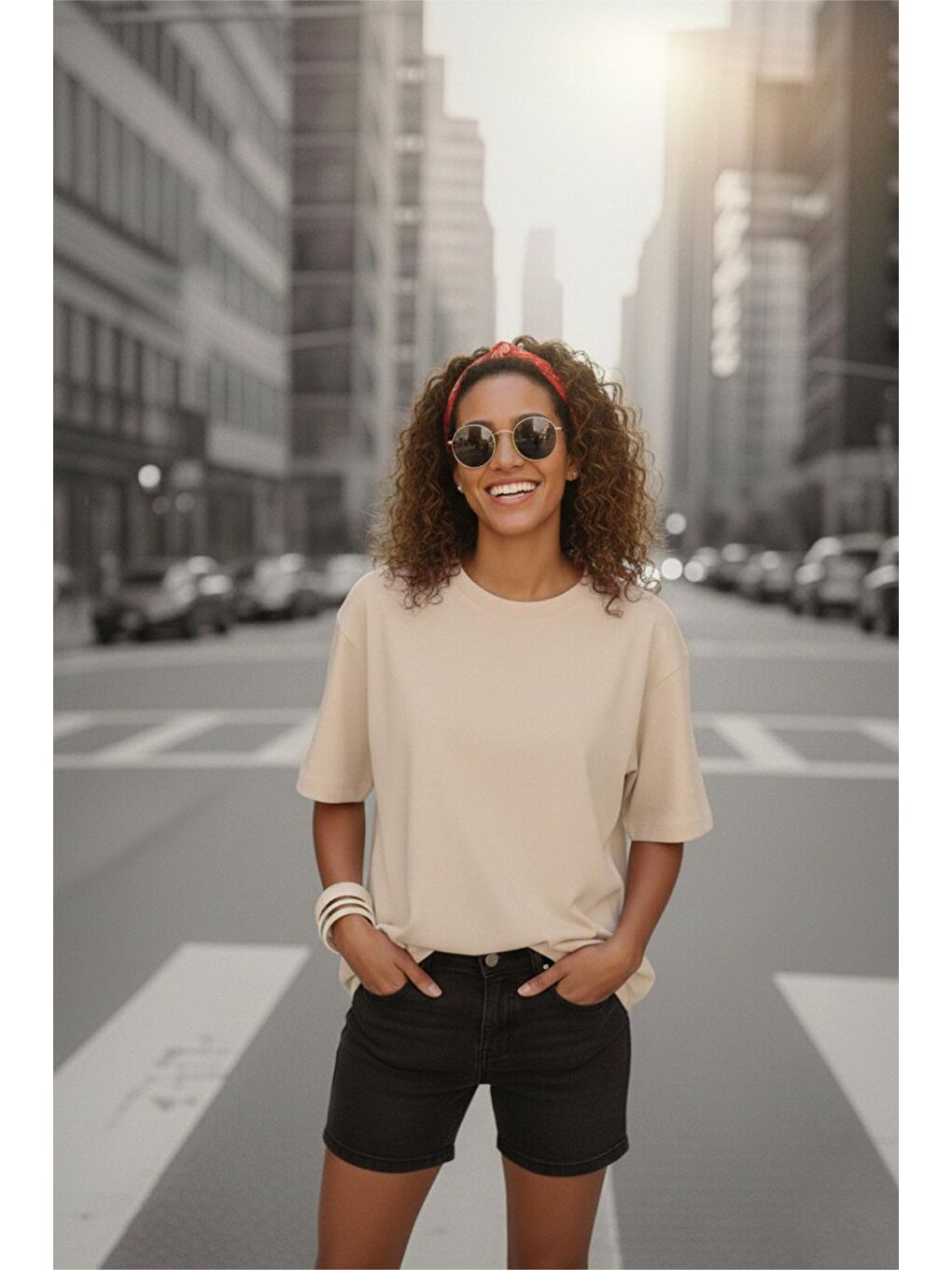 Bej Mily Kadın Oversize Basic Bisiklet Yaka Pamuklu T-Shirt Rahat Kesim Unisex Sevgili Kombini-1