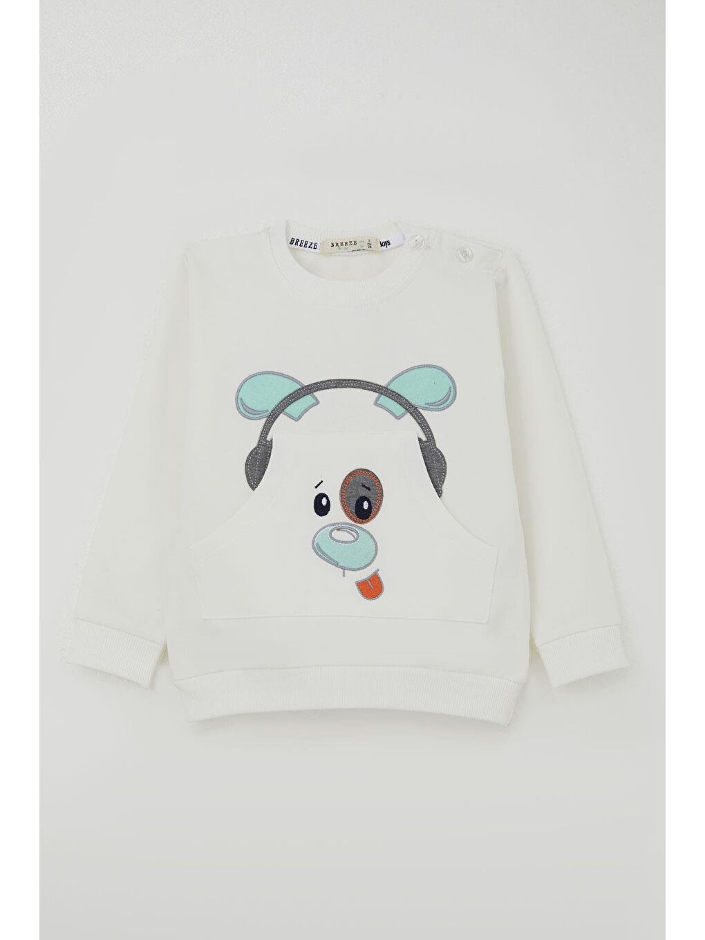 Erkek Bebek Eşofman Takımı Kulaklıklı Köpekçik Nakışlı Beyaz (9 Ay-3 Yaş)-1