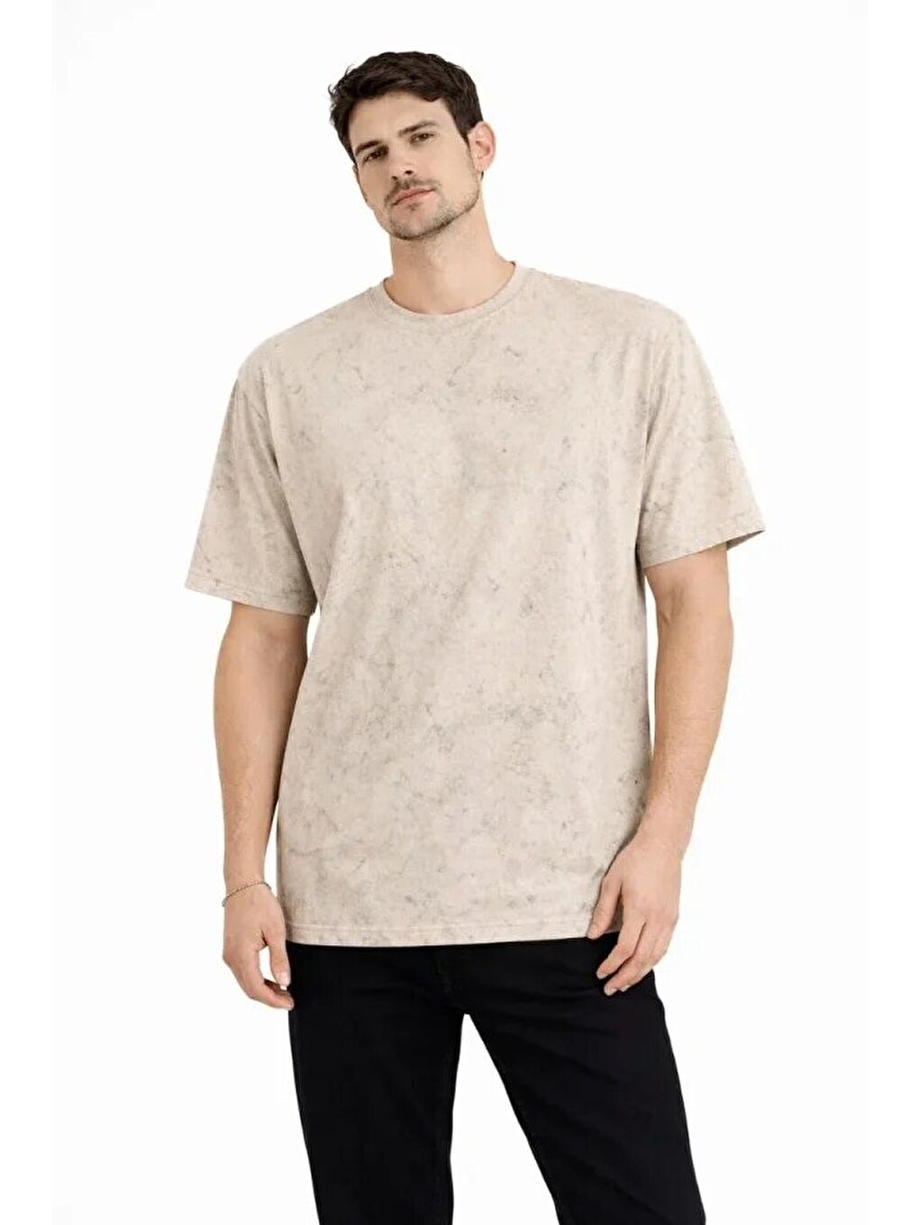 Erkek Asit Yıkama Bisiklet Yaka Kısa Kollu Oversize T-Shirt Tişört - Bej-2