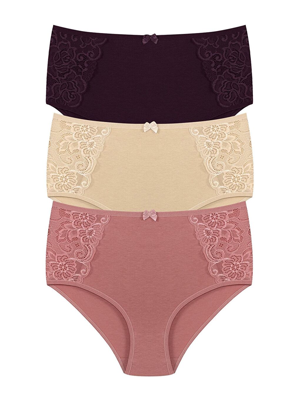 Kırmızı Pamuklu Yanları Dantel Yüksek Bel Büyük Beden Kadın Külot 3'lü