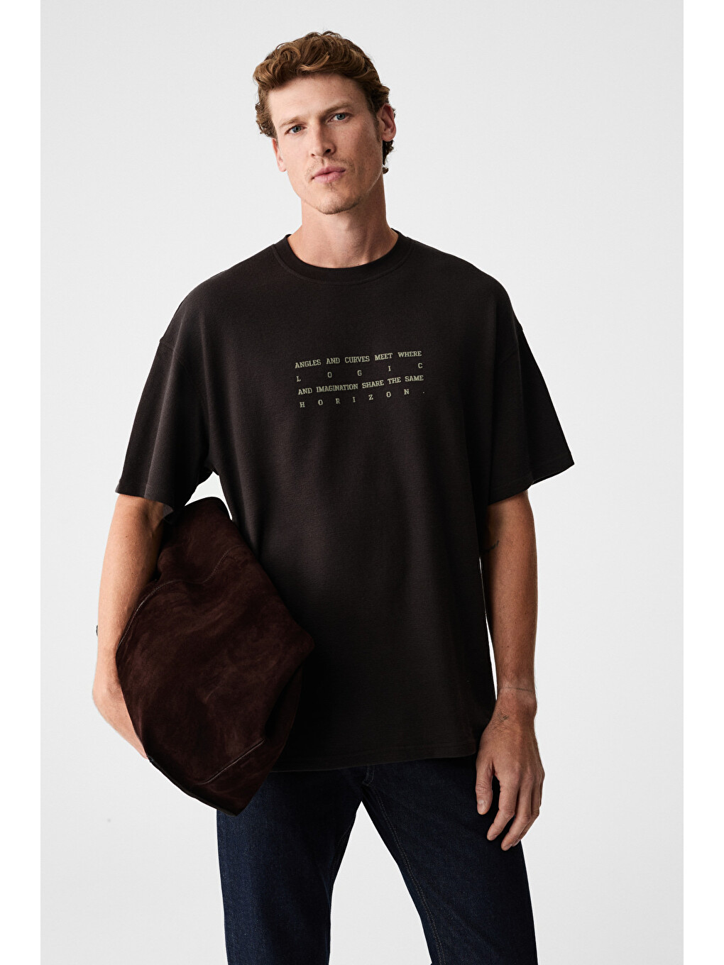 Kahverengi Angles Erkek %100 Organik Pamuk Baskılı Bisiklet Yakalı Oversize Acı Kahve T-shirt-2