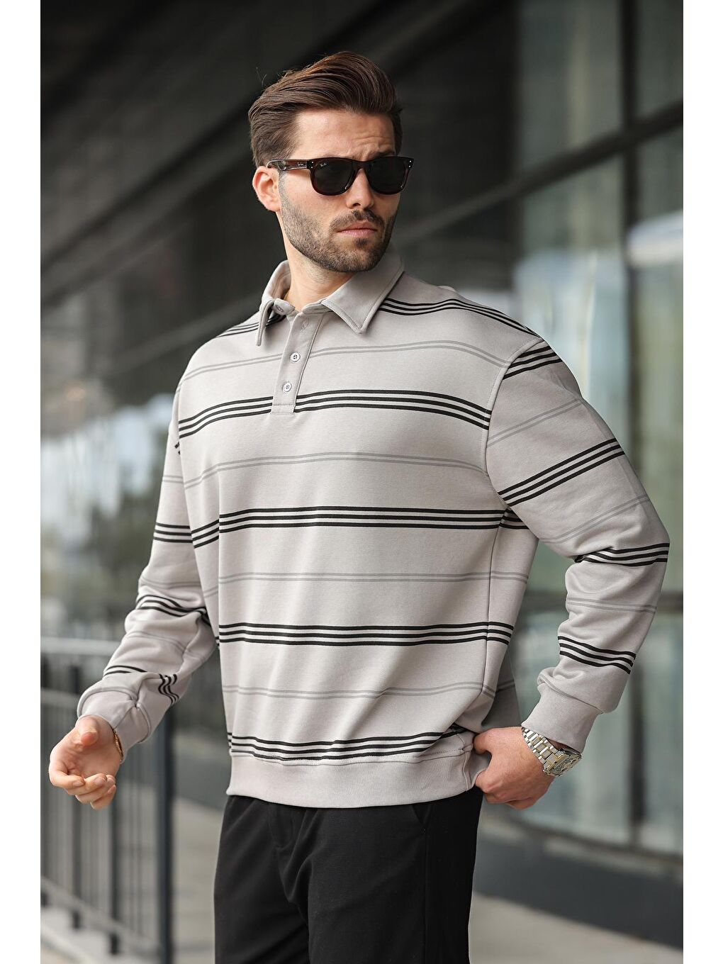 Boyalı Gri Çizgili Polo Yaka Erkek Sweatshirt E7172