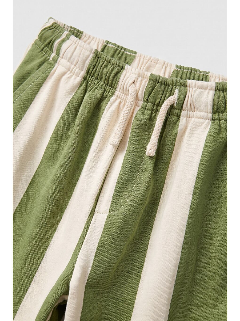 Unisex Çocuk Pamuklu Yeşil Ekru Çizgili Pantolon-4