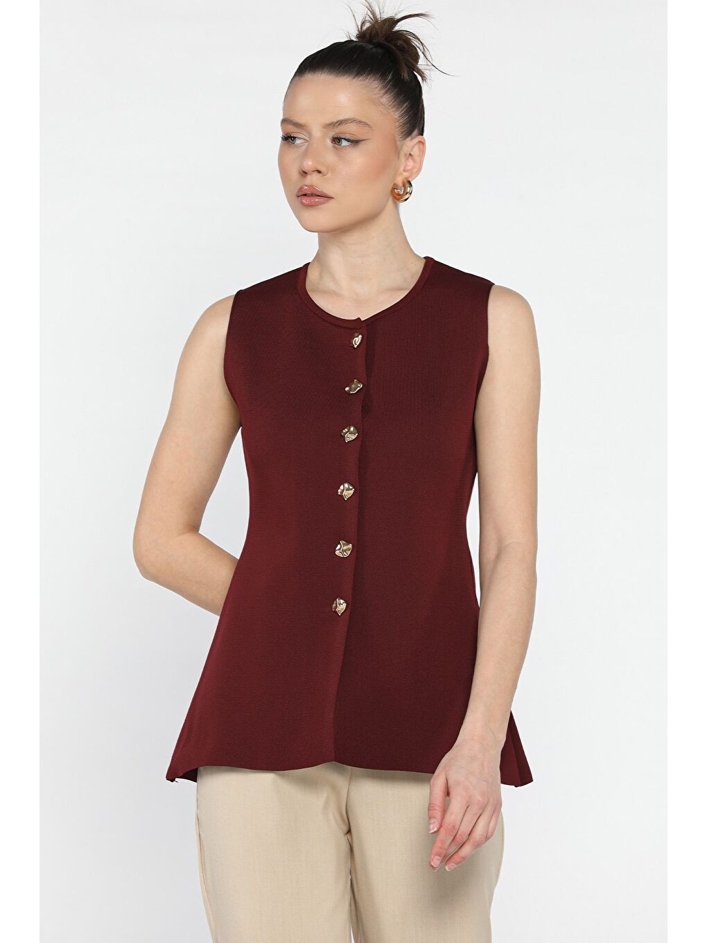 Bordo Kadın Bisiklet Yaka Düğmeli Triko Yelek (s-m-l Beden Uyumludur)-1