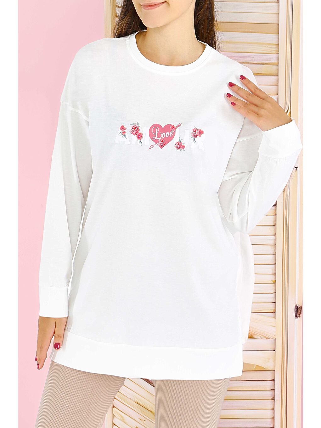 Uzun Kollu Baskılı Süprem Tunik Beyaz - 27584