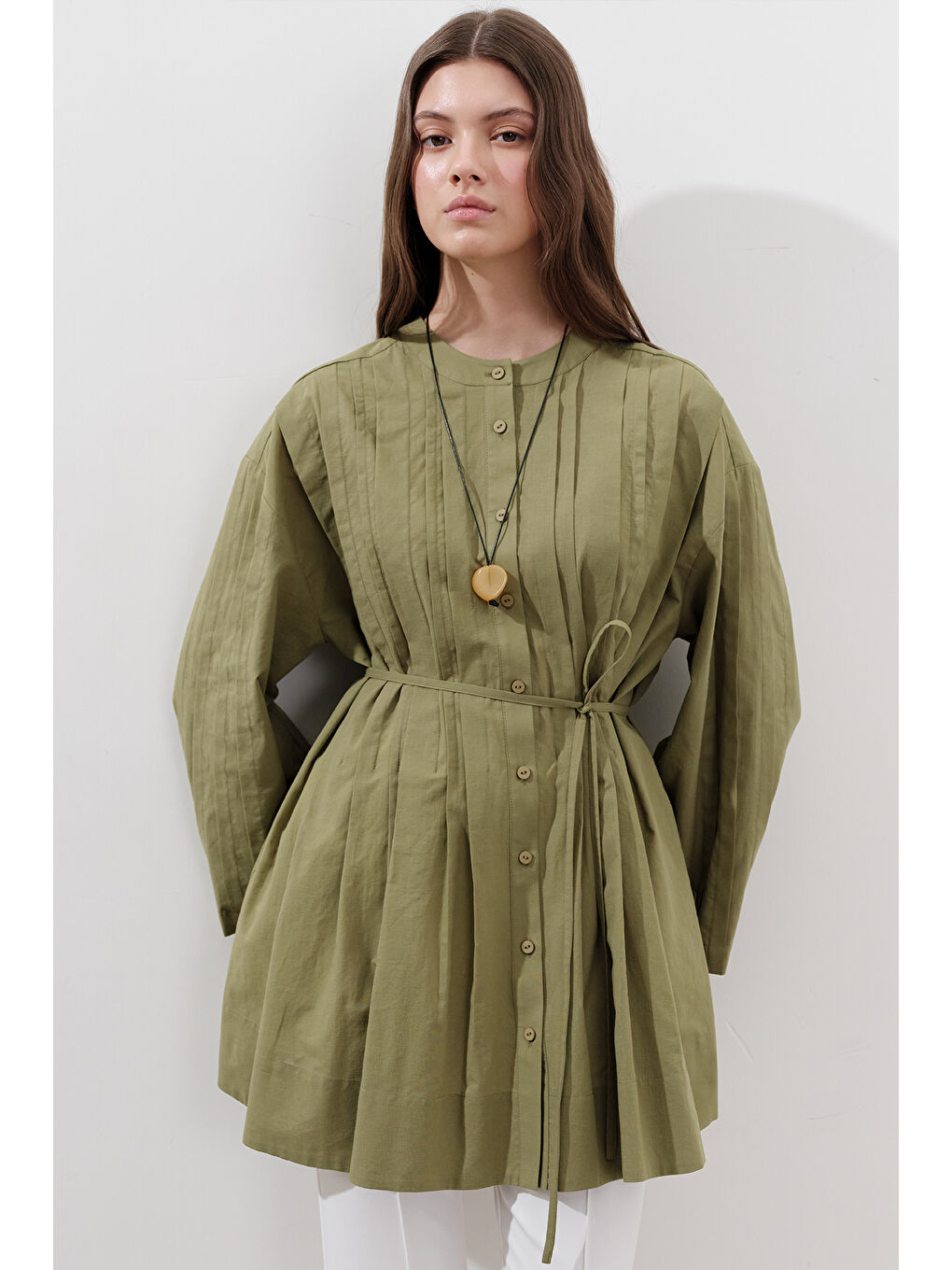 Nervürlü Geniş Kollu Tunik Yeşil