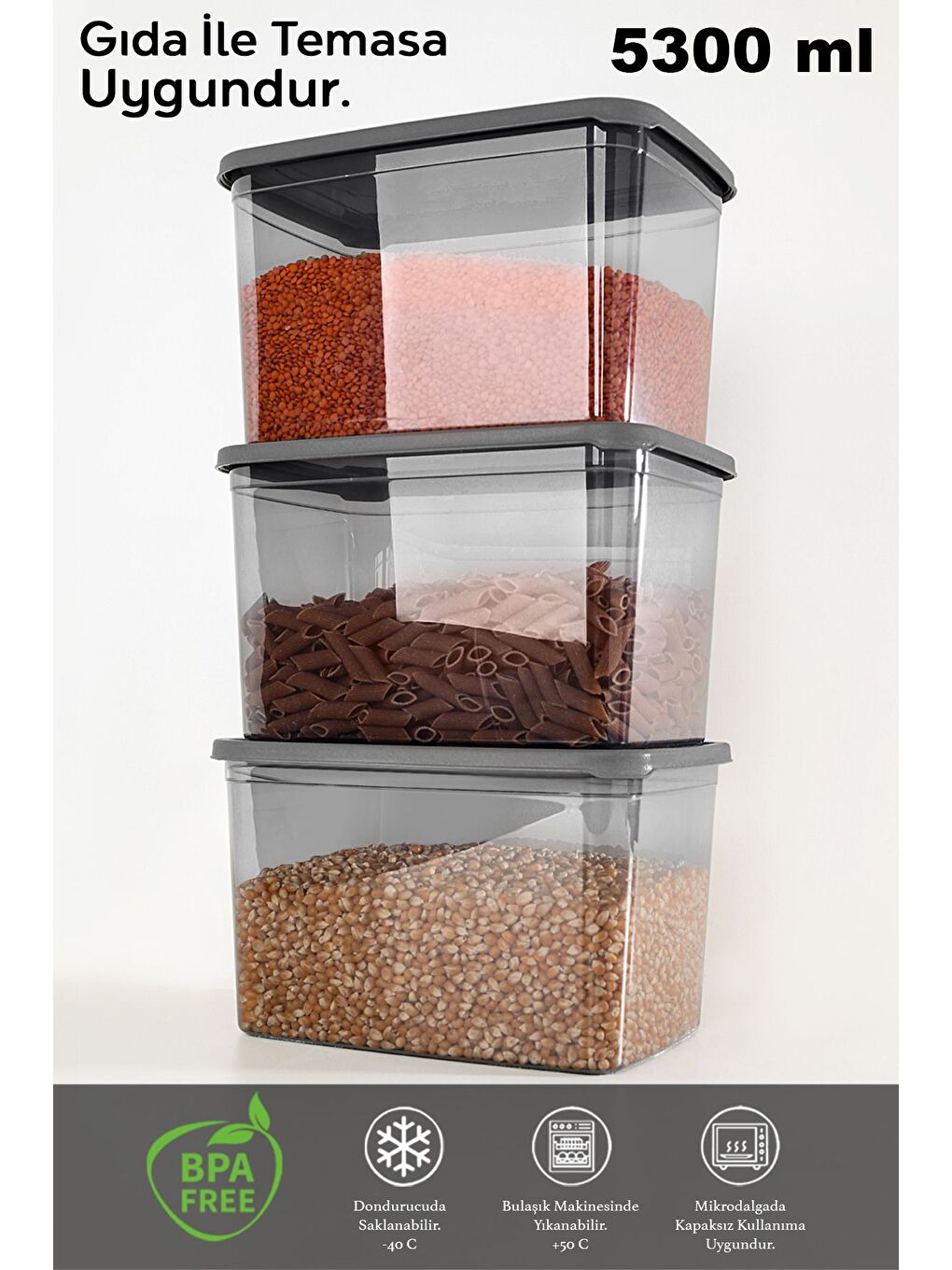 3 Adet Derin Erzak Saklama Kabı Büyük Boy Gıda Un Bakliyat Kabı Erzak Kutusu Antrasit 5300 ml-1