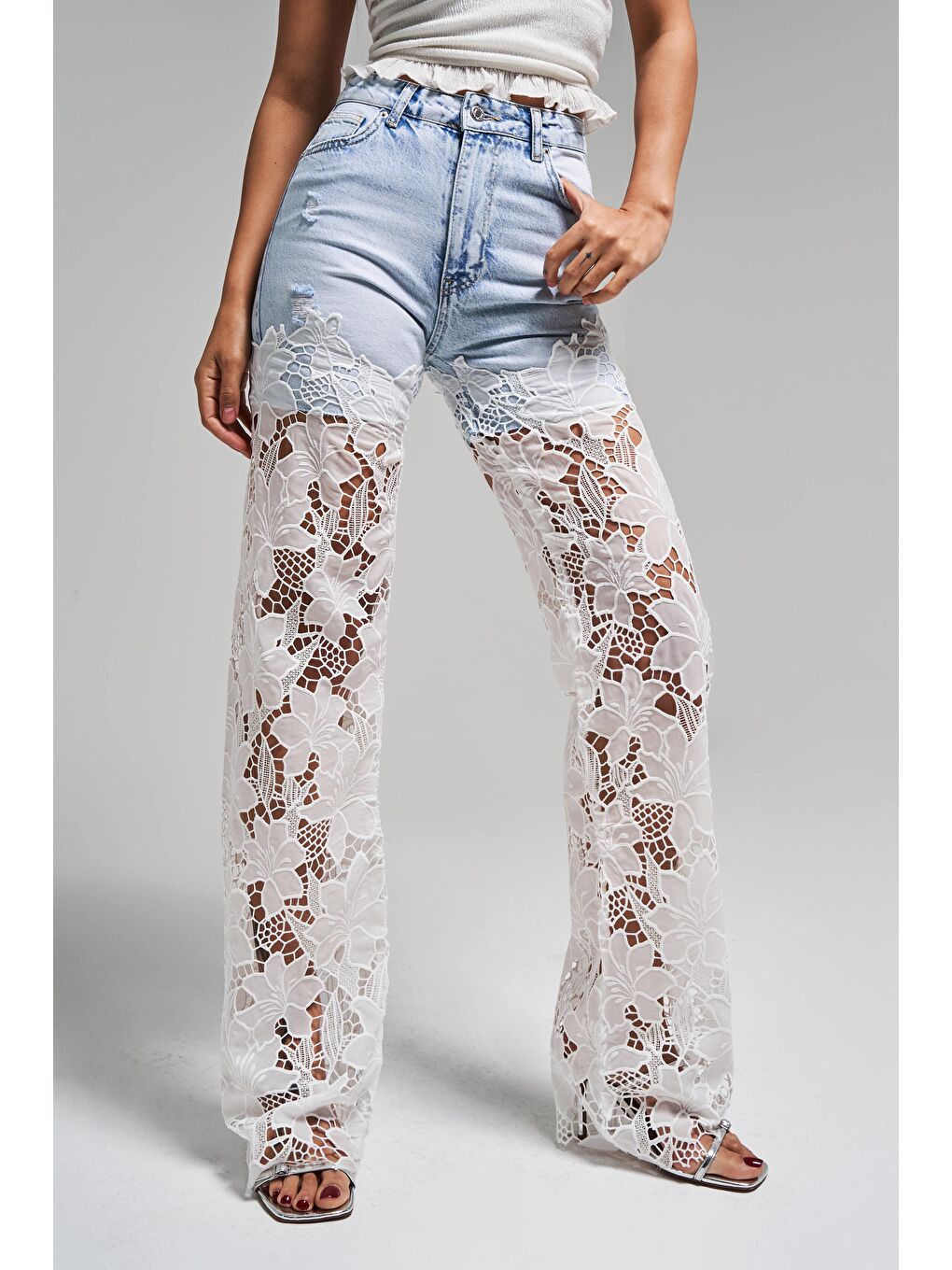 Mavi Kadın Jean Rengi 12s5-100 Dantel Jean Çift Parça Straight Fit Dantel Detaylı Tasarım Denim Jean