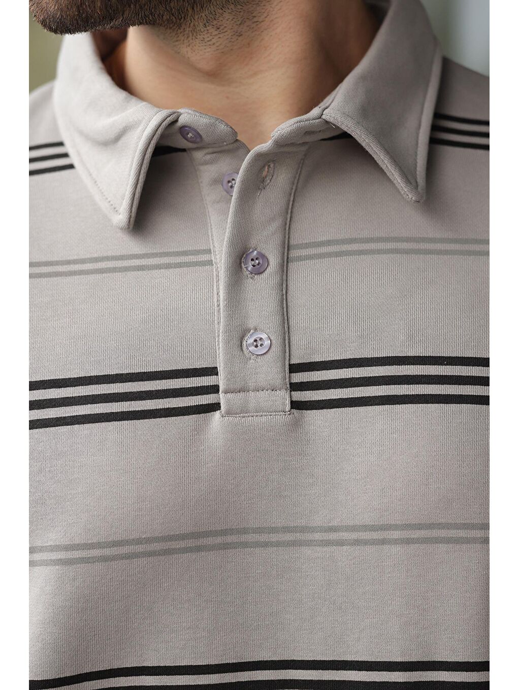Boyalı Gri Çizgili Polo Yaka Erkek Sweatshirt E7172-1