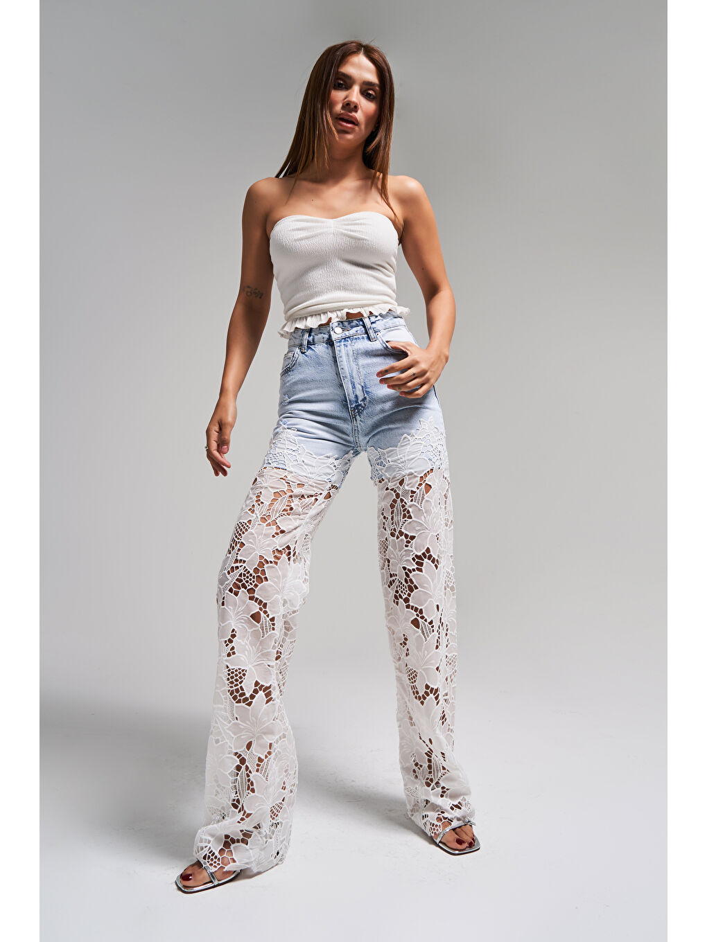 Mavi Kadın Jean Rengi 12s5-100 Dantel Jean Çift Parça Straight Fit Dantel Detaylı Tasarım Denim Jean-1