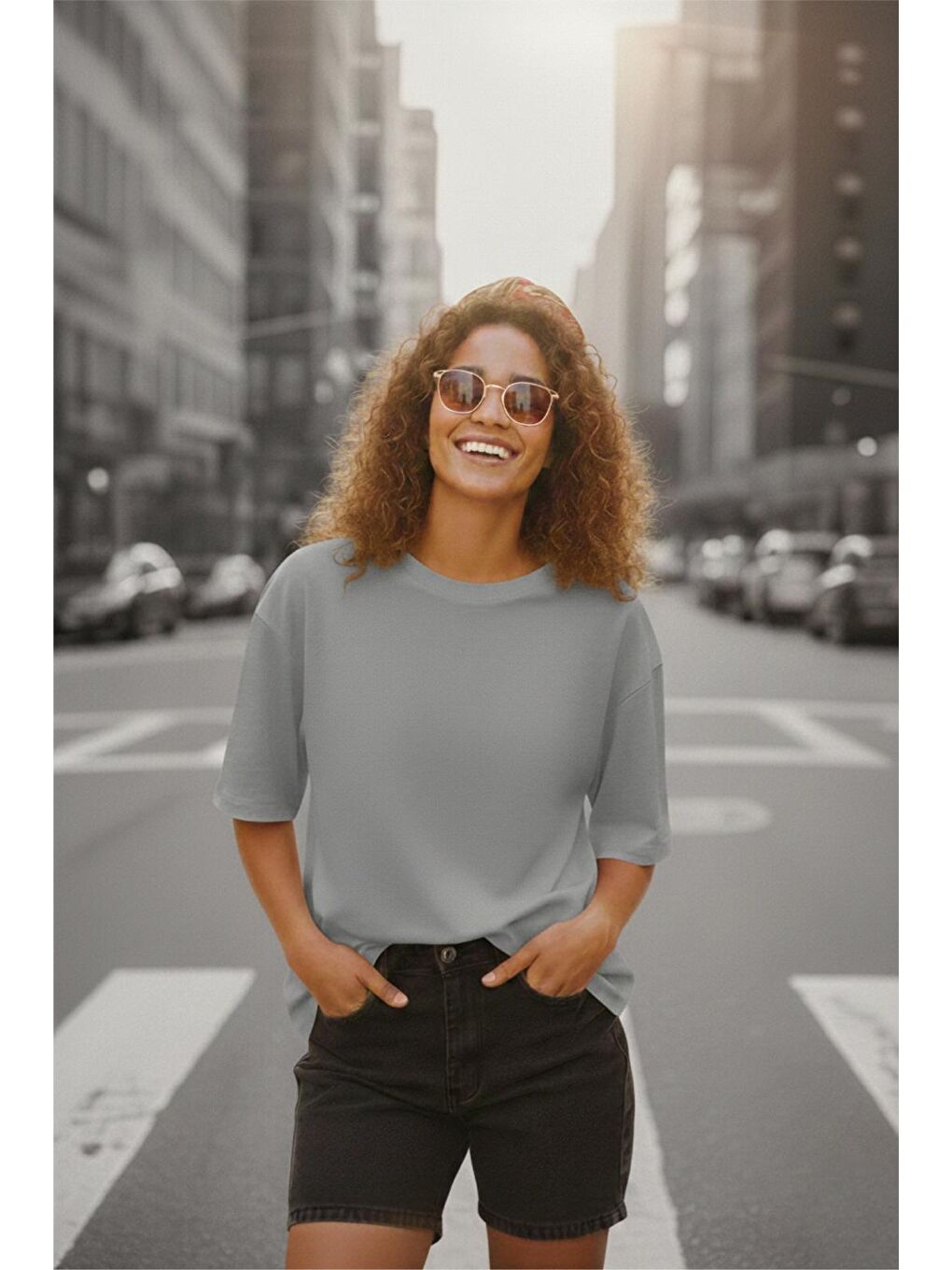 Gri Mily Kadın Oversize Basic Bisiklet Yaka Pamuklu T-Shirt Rahat Kesim Unisex Sevgili Kombini-1