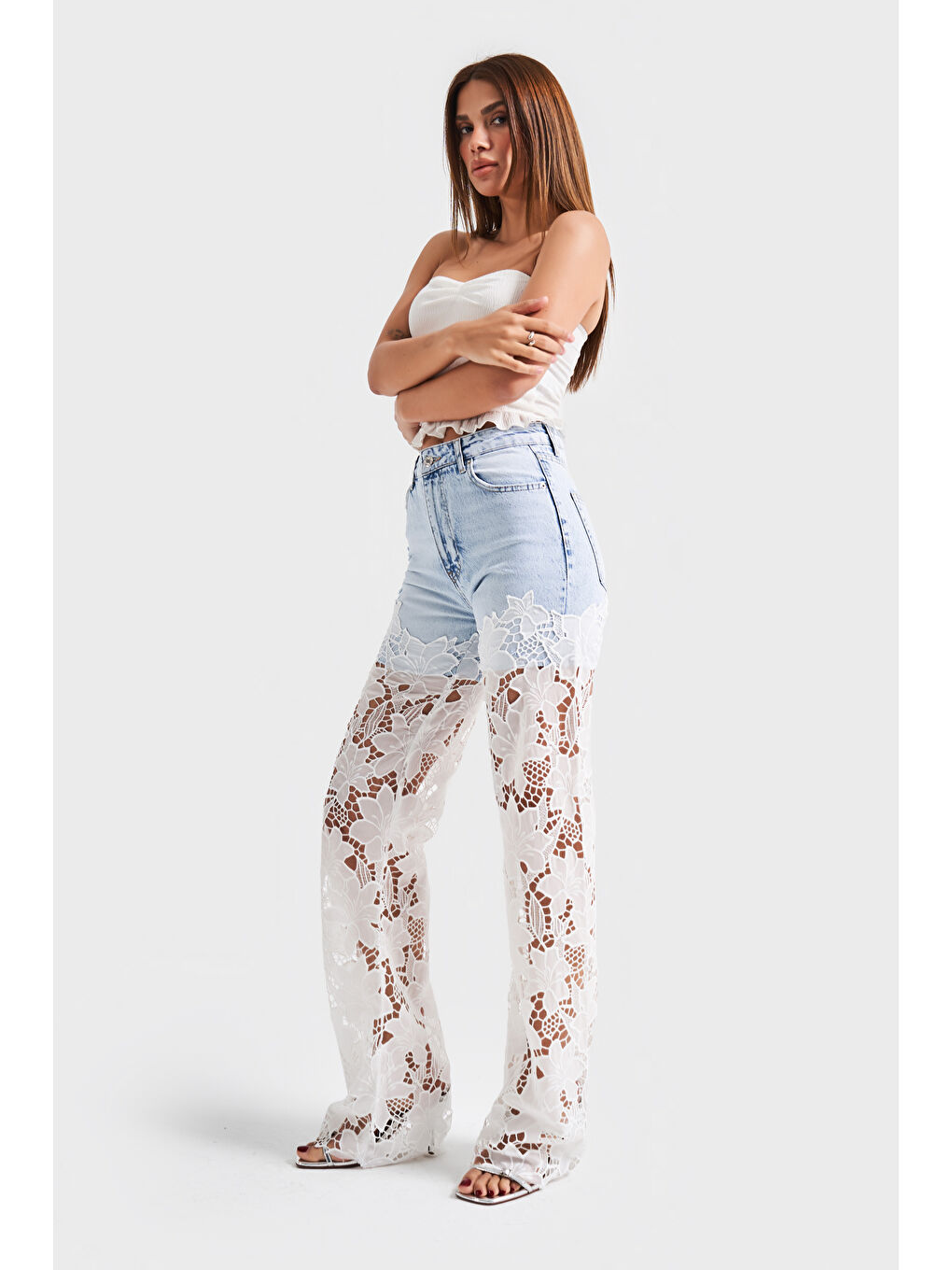 Mavi Kadın Jean Rengi 12s5-100 Dantel Jean Çift Parça Straight Fit Dantel Detaylı Tasarım Denim Jean-3