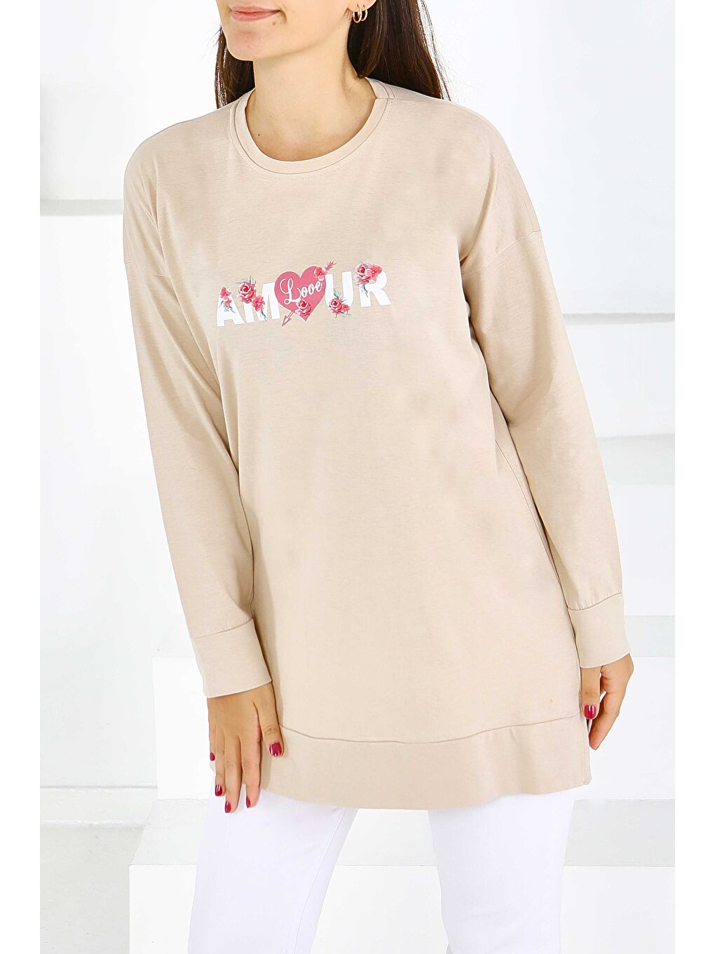 Uzun Kollu Baskılı Süprem Tunik Bej - 27584