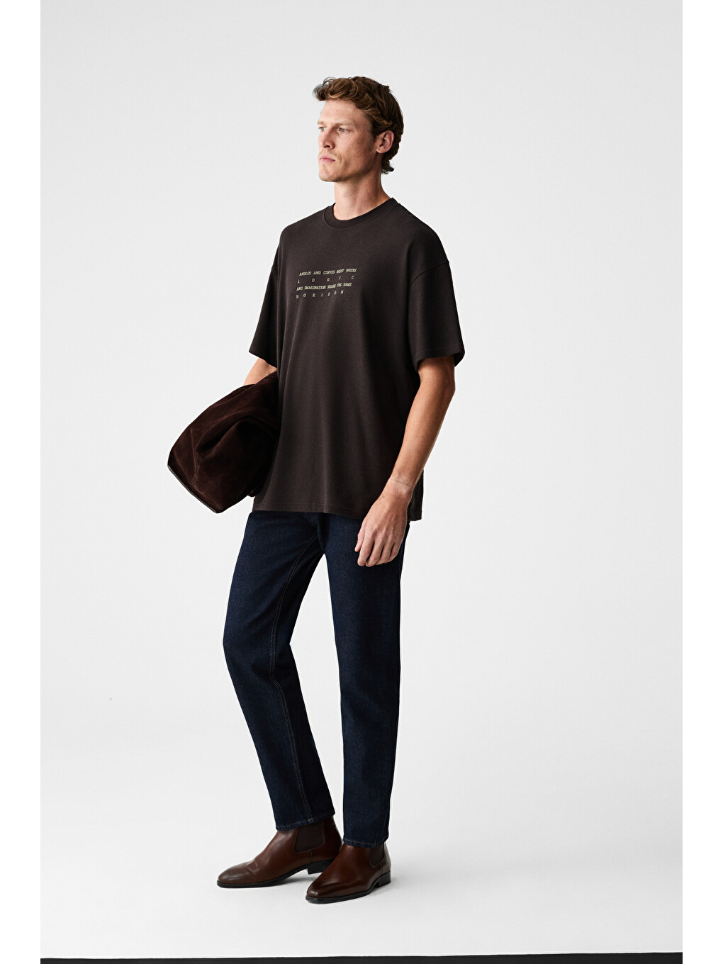 Kahverengi Angles Erkek %100 Organik Pamuk Baskılı Bisiklet Yakalı Oversize Acı Kahve T-shirt-4