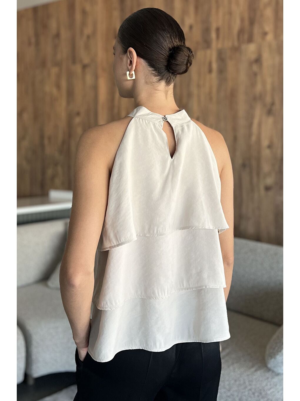 Bej Sıfır Kol Kat Kat Kadın Bluz-2