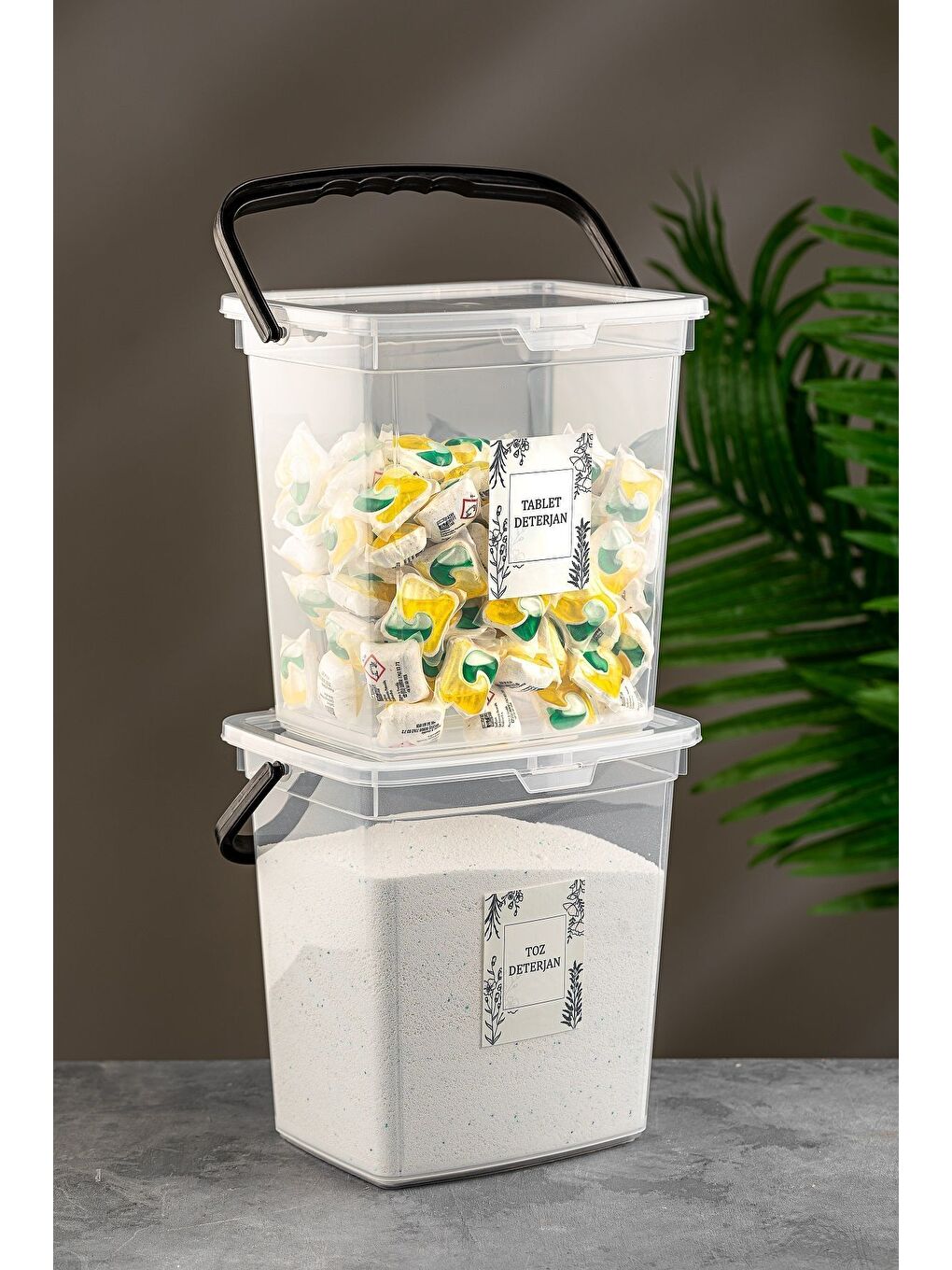 Renksiz 2'li Etiketli 6 lt Deterjan Saklama Kabı Kulplu Tablet Deterjan Saklama Kutusu Şeffaf