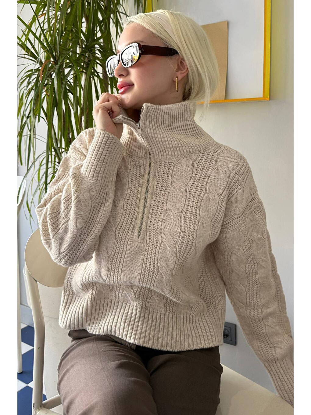 Bej Örgü Desenli Kadın Triko Kazak Mg2546-1