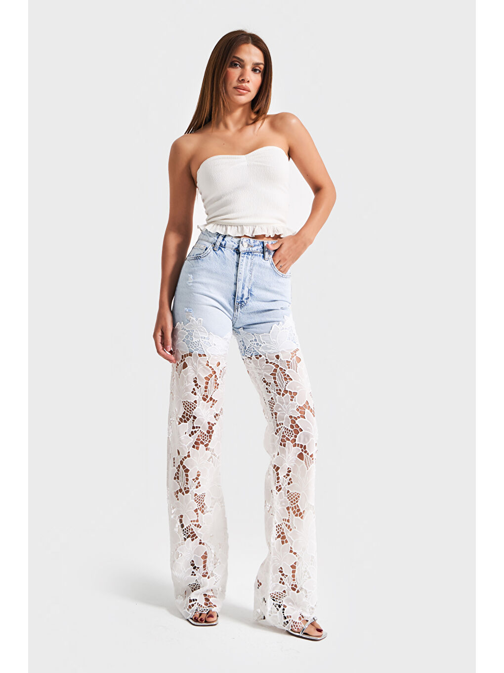 Mavi Kadın Jean Rengi 12s5-100 Dantel Jean Çift Parça Straight Fit Dantel Detaylı Tasarım Denim Jean-4