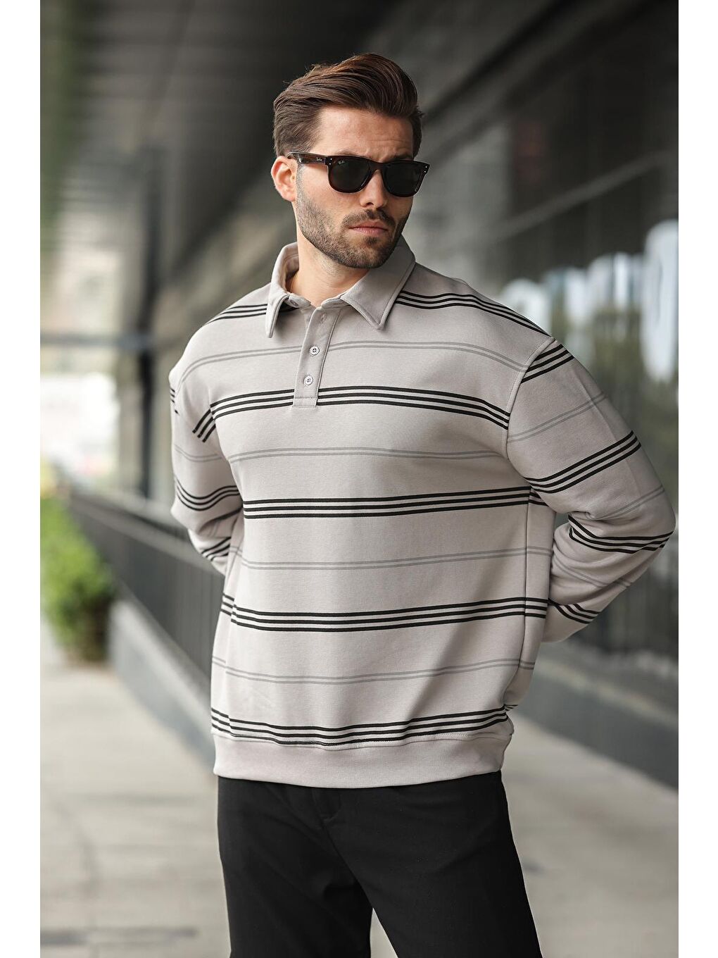 Boyalı Gri Çizgili Polo Yaka Erkek Sweatshirt E7172-2