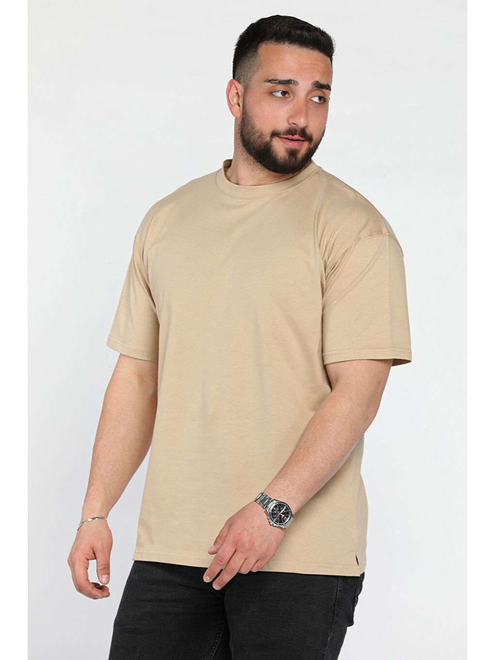 Bej Bisiklet Yaka Erkek Tişört-1