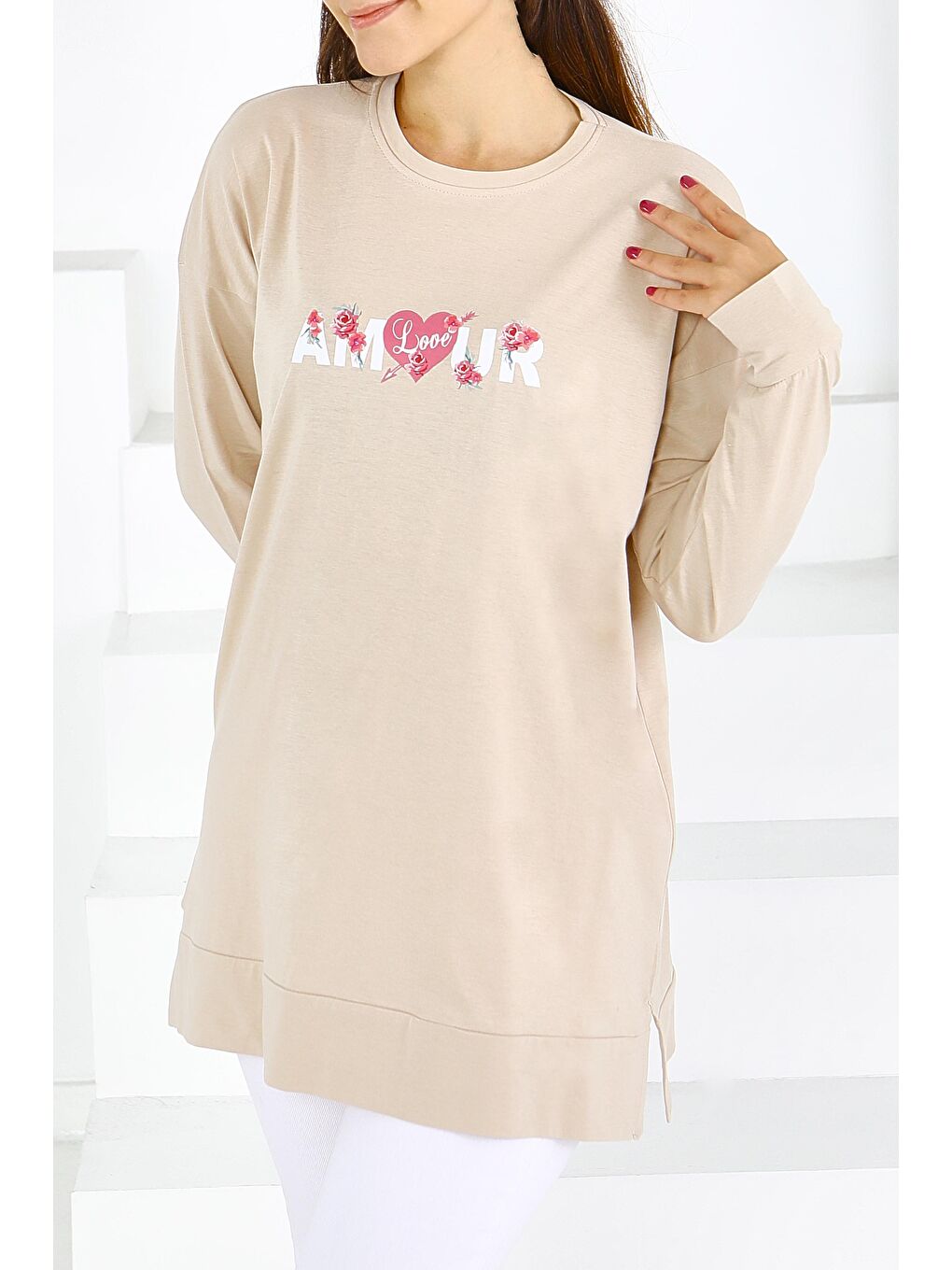 Uzun Kollu Baskılı Süprem Tunik Bej - 27584-1