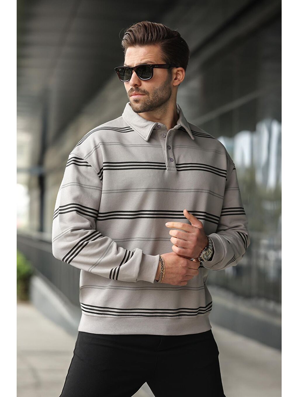 Boyalı Gri Çizgili Polo Yaka Erkek Sweatshirt E7172-3