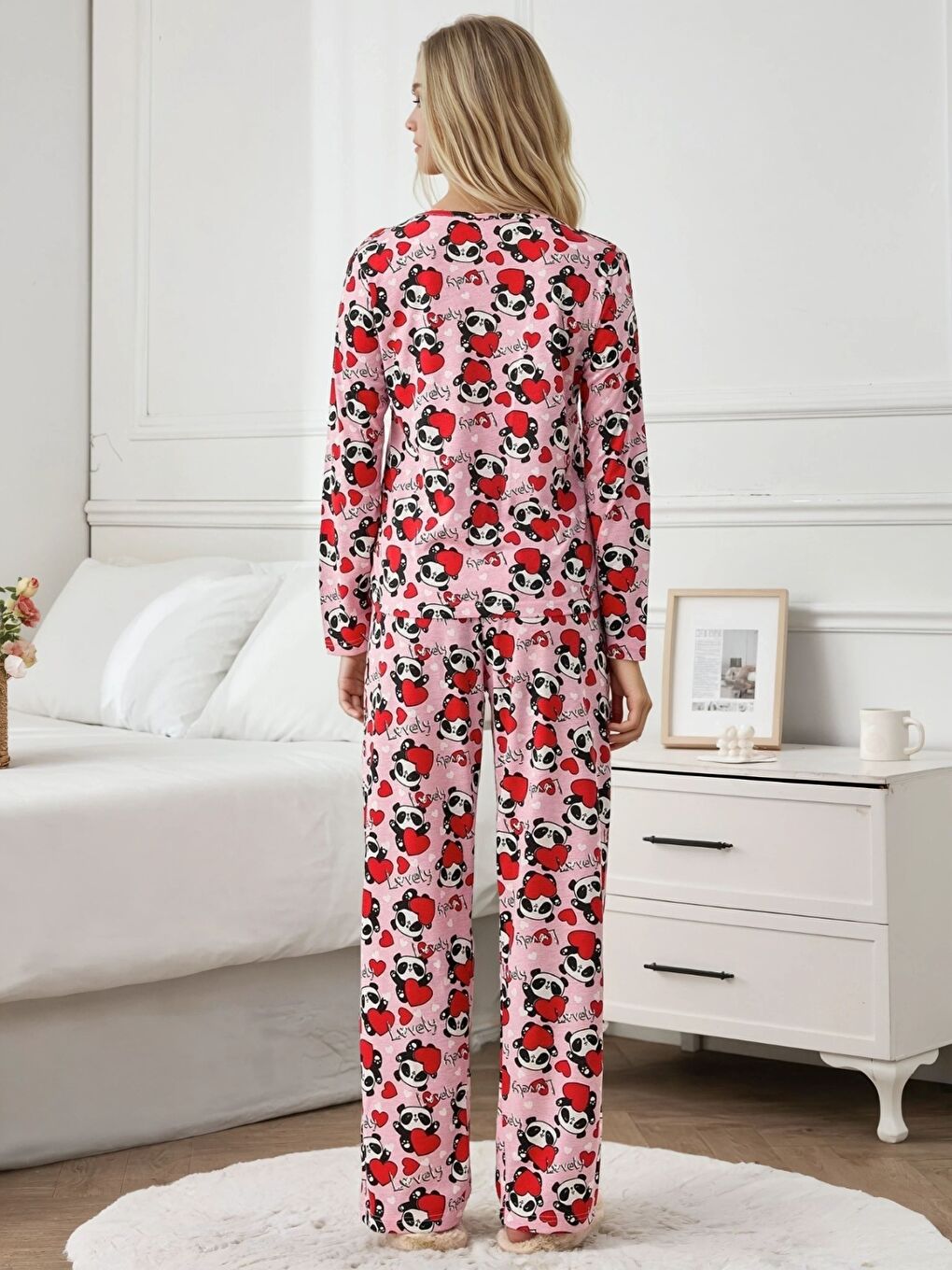 Pembe Sevimli Panda Desenli Kadın Pijama Takımı-2