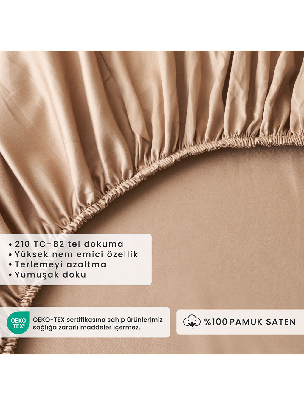 Bej %100 Pamuk Saten Supreme Çift Kişilik Lastikli Çarşaf Vizon (160x200x35 cm)-1