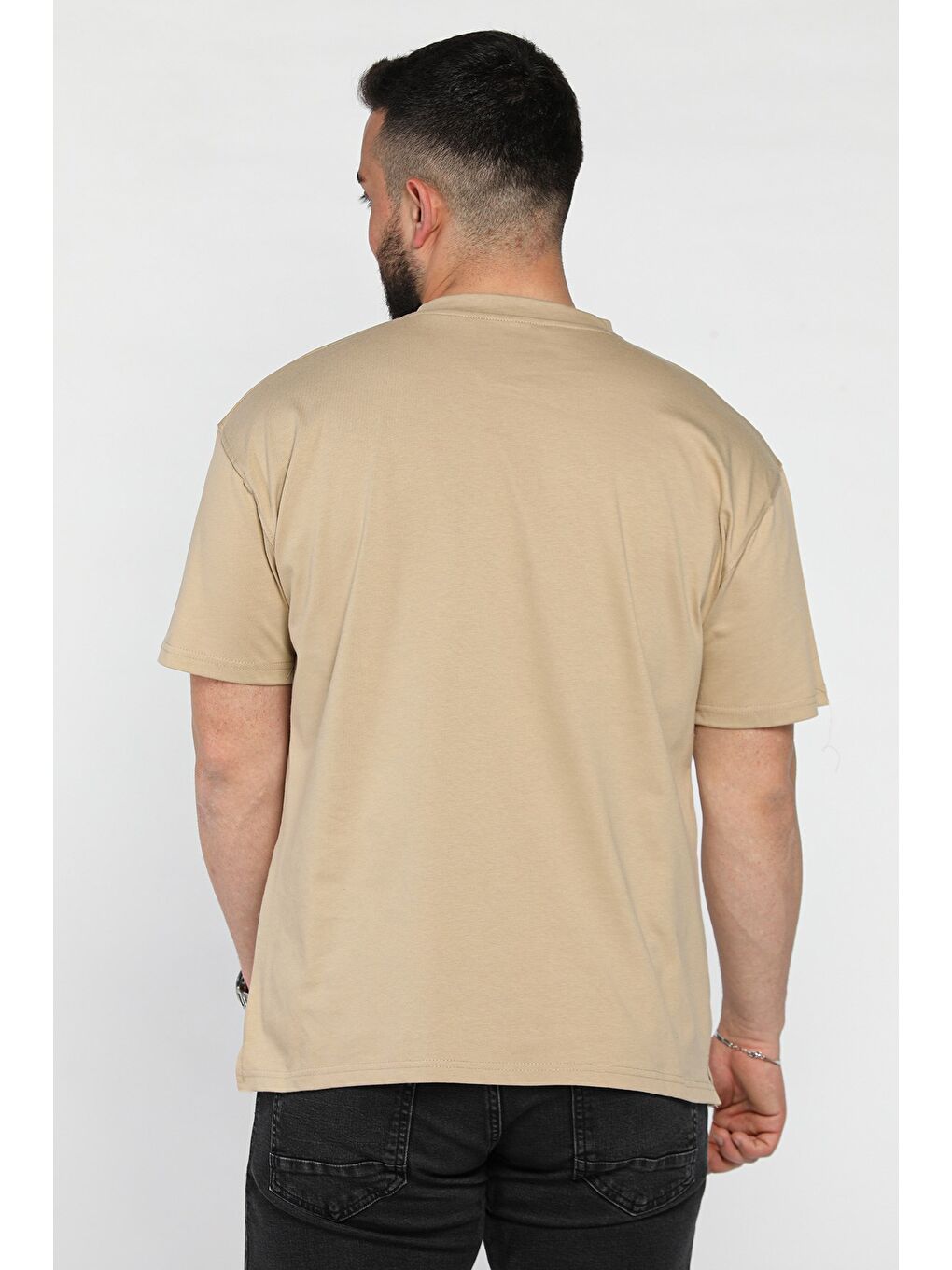 Bej Bisiklet Yaka Erkek Tişört-2
