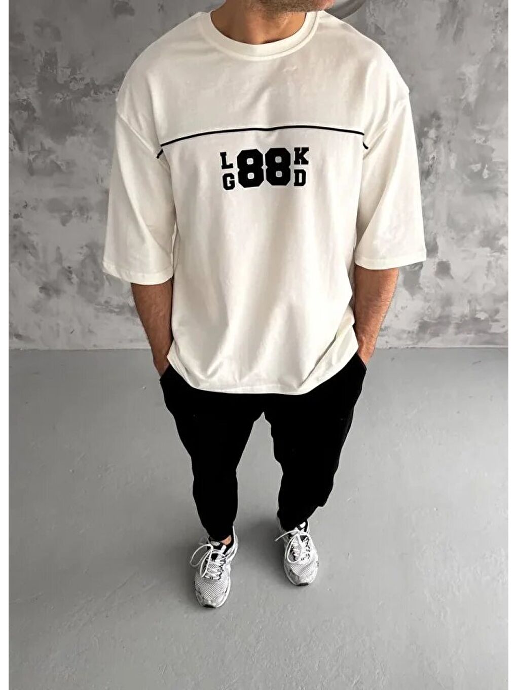 Unisex Bisiklet Yaka Baskılı Oversize T-Shirt - Beyaz-1