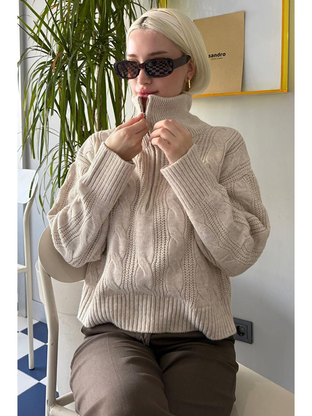 Bej Örgü Desenli Kadın Triko Kazak Mg2546-3