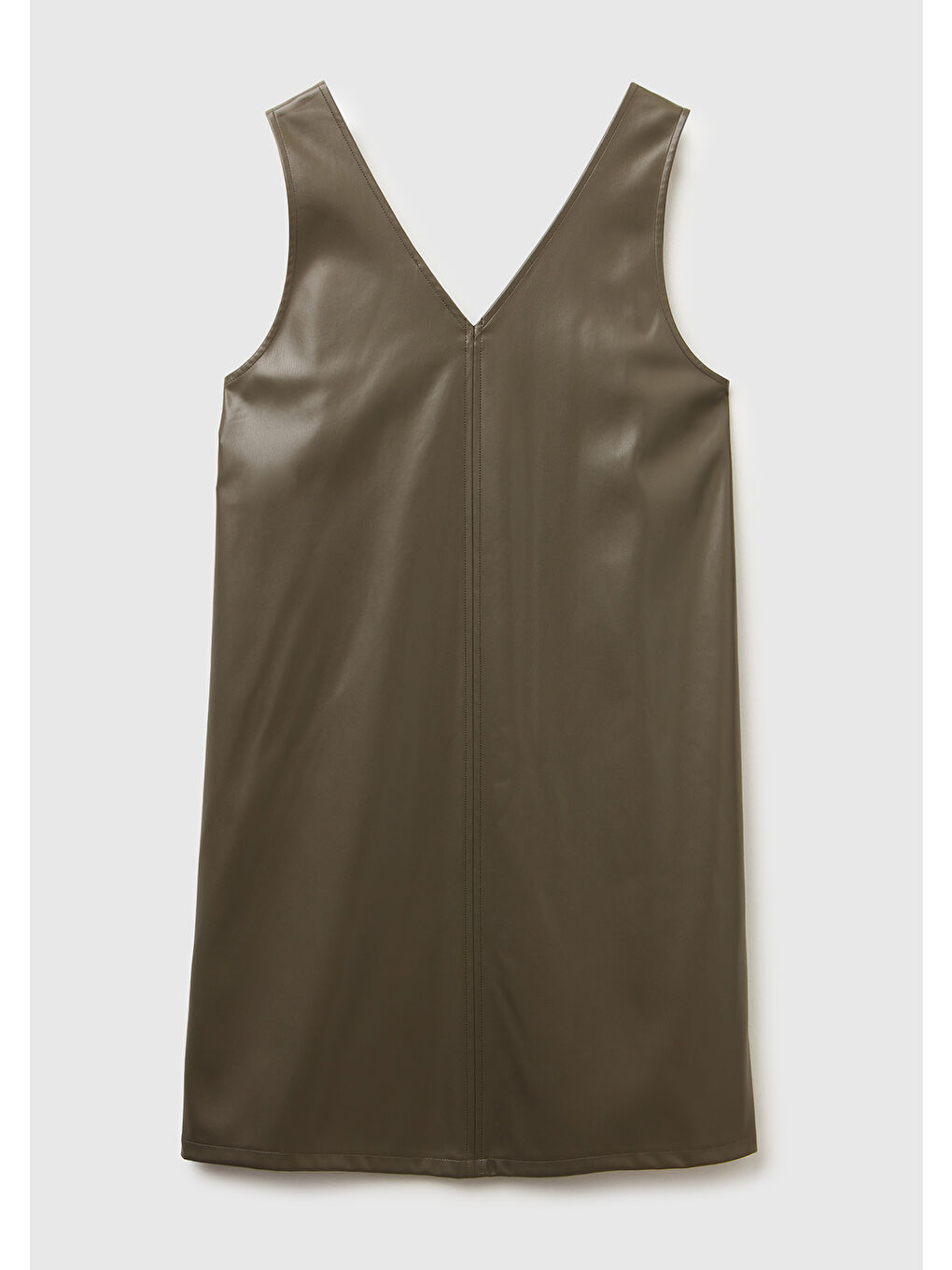 Kadın Haki Önü ve Arkası V Yaka Eco Deri Elbise-3