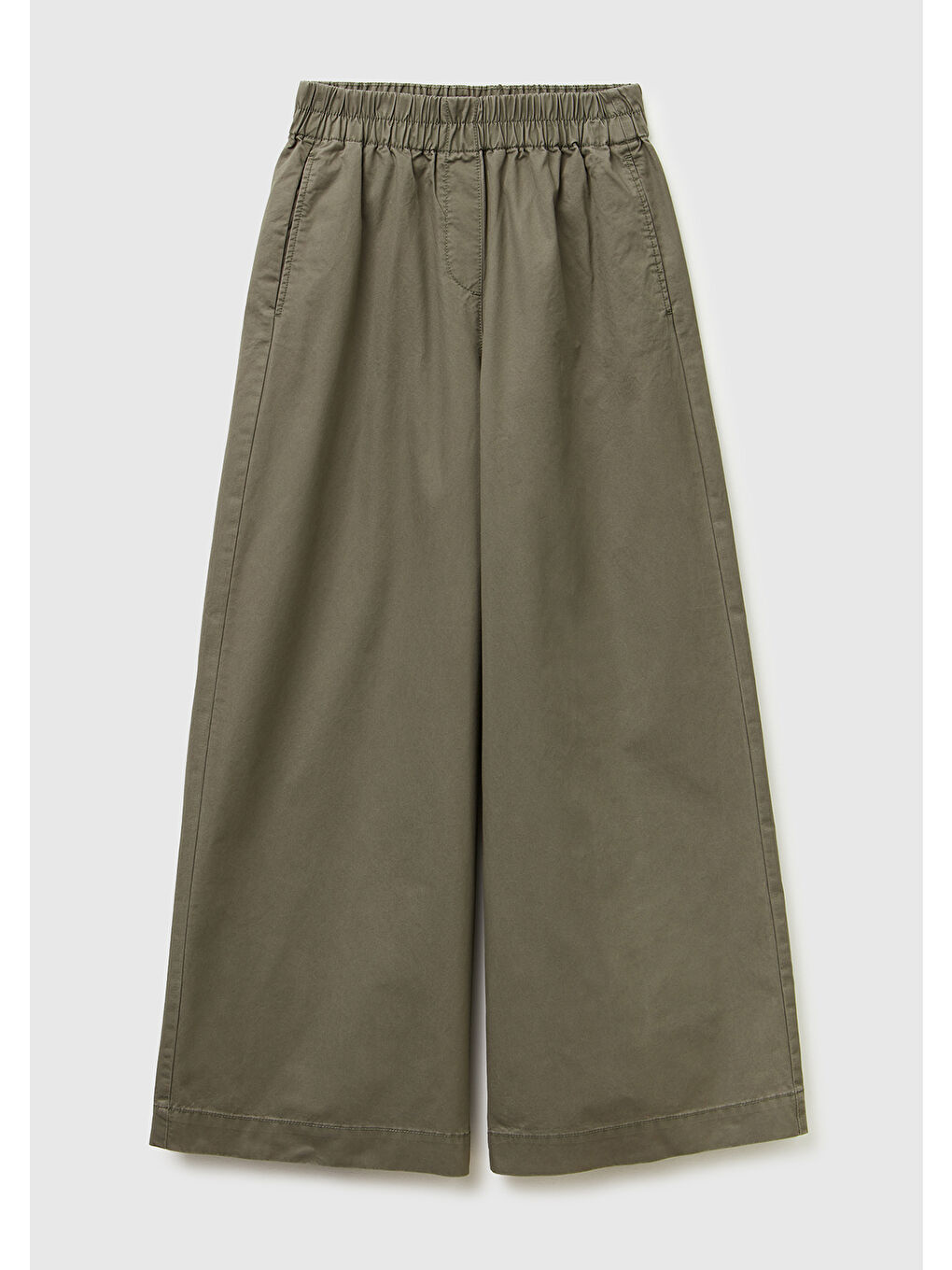 Kadın Haki %100 Pamuk Beli Lastikli Geniş Paça Pantolon-1