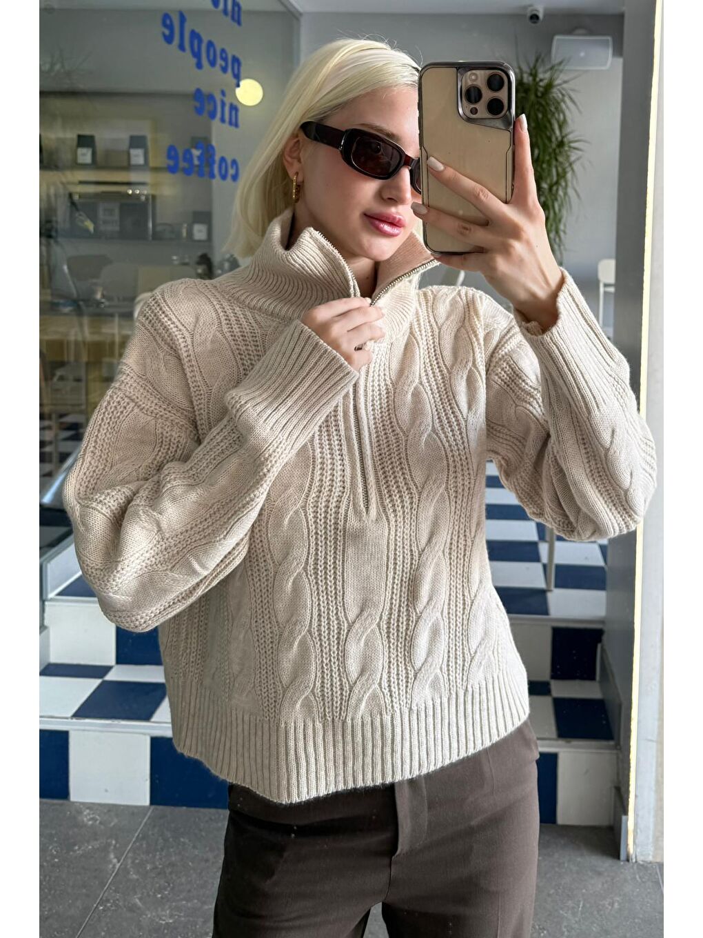 Bej Örgü Desenli Kadın Triko Kazak Mg2546-4