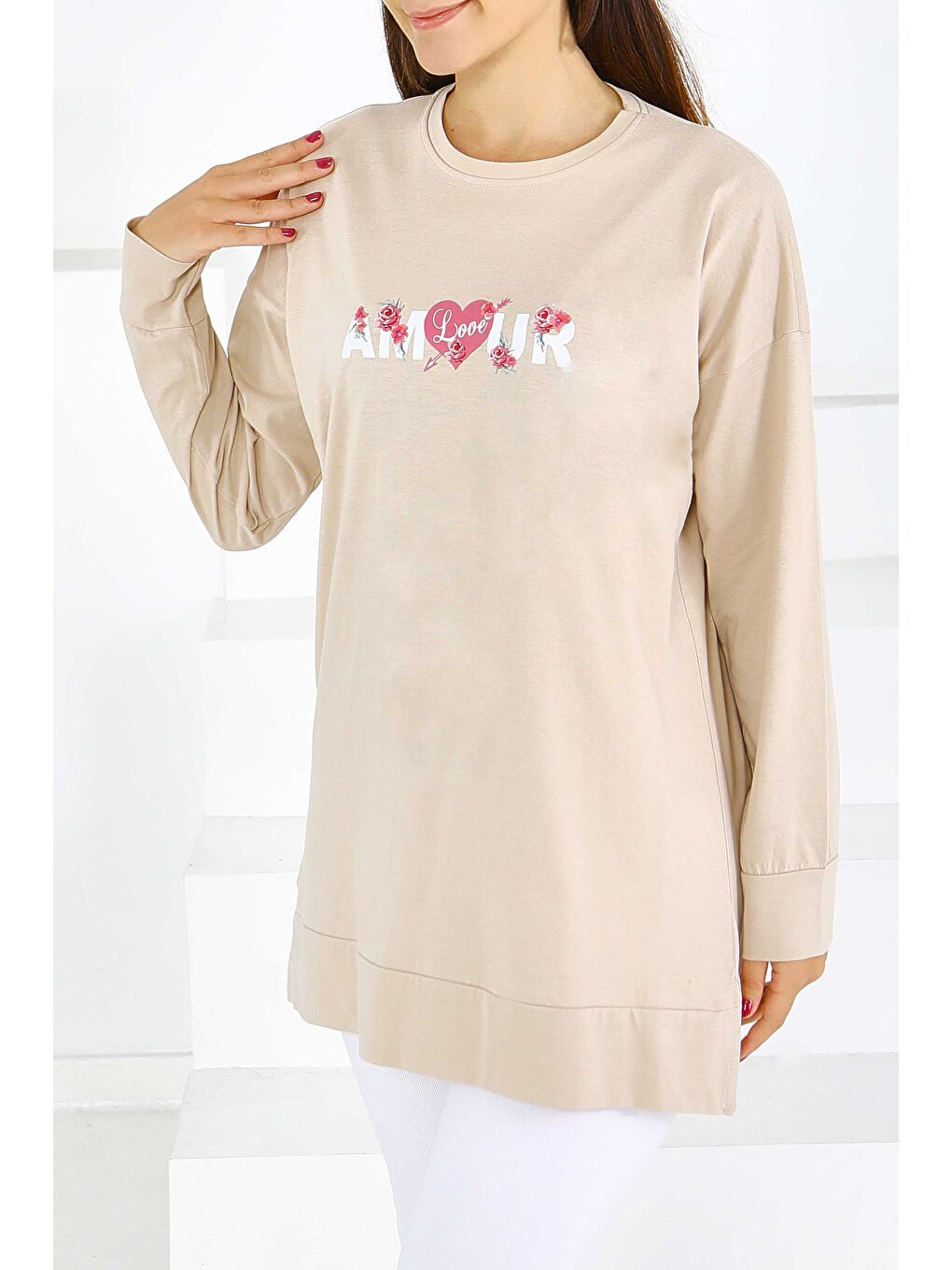 Uzun Kollu Baskılı Süprem Tunik Bej - 27584-2