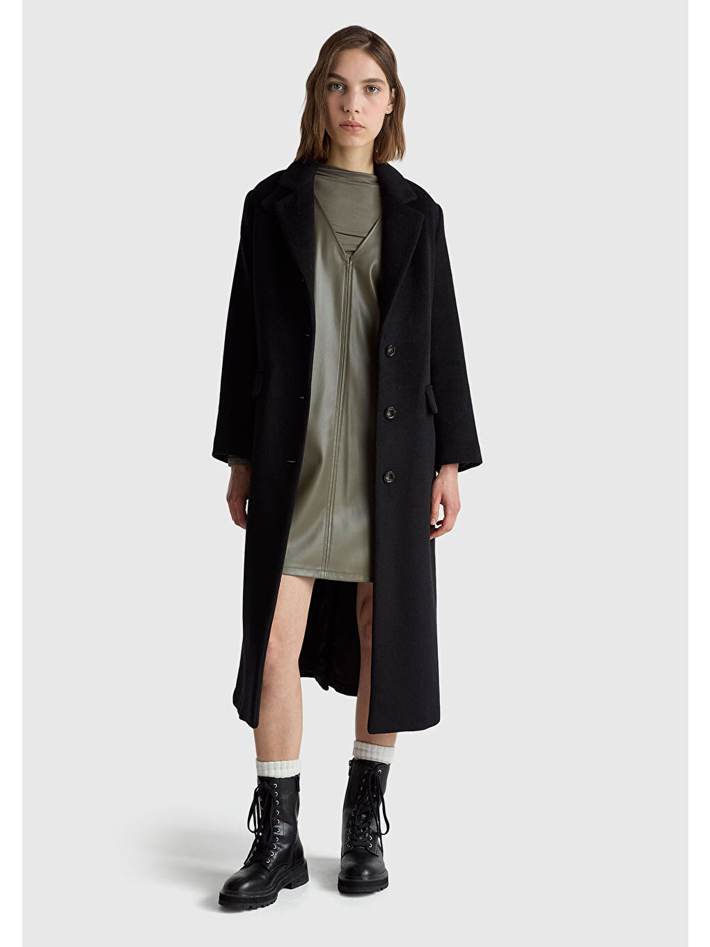 Kadın Haki Önü ve Arkası V Yaka Eco Deri Elbise-4