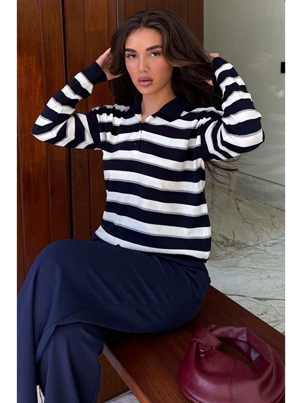 Lacivert Çizgili Polo Yaka Düğmeli Kadın Kazak Mg2561