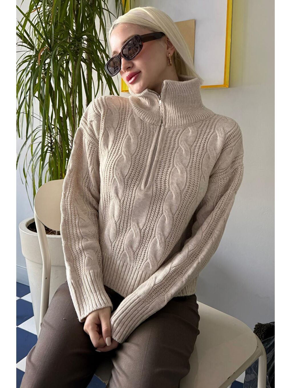 Bej Örgü Desenli Kadın Triko Kazak Mg2546-5