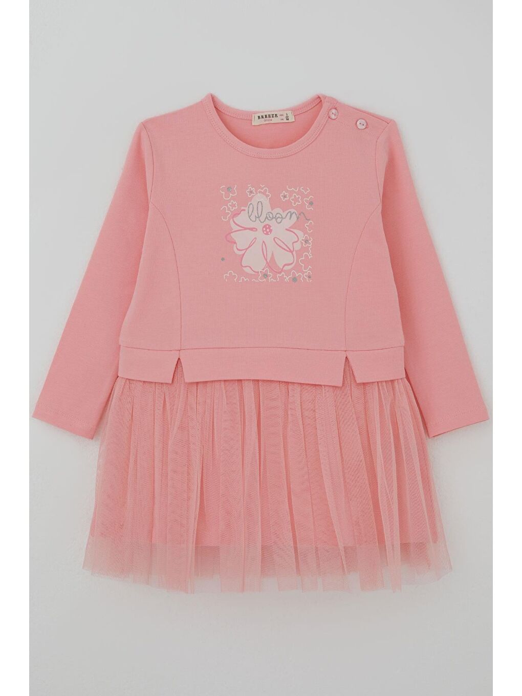 Kız Çocuk Uzun Kollu Elbise Çiçek Baskılı Tüllü Pembe (2-6 Yaş)